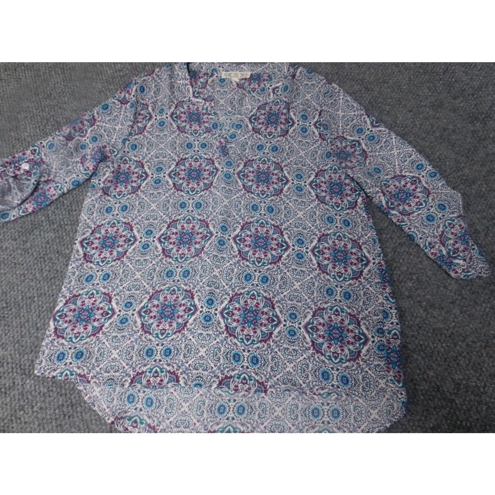 Vintage Pink Rose Womens Blouse Large Blue floral pullover Size L / US 10 / IT 46 - 2 Thumbnail