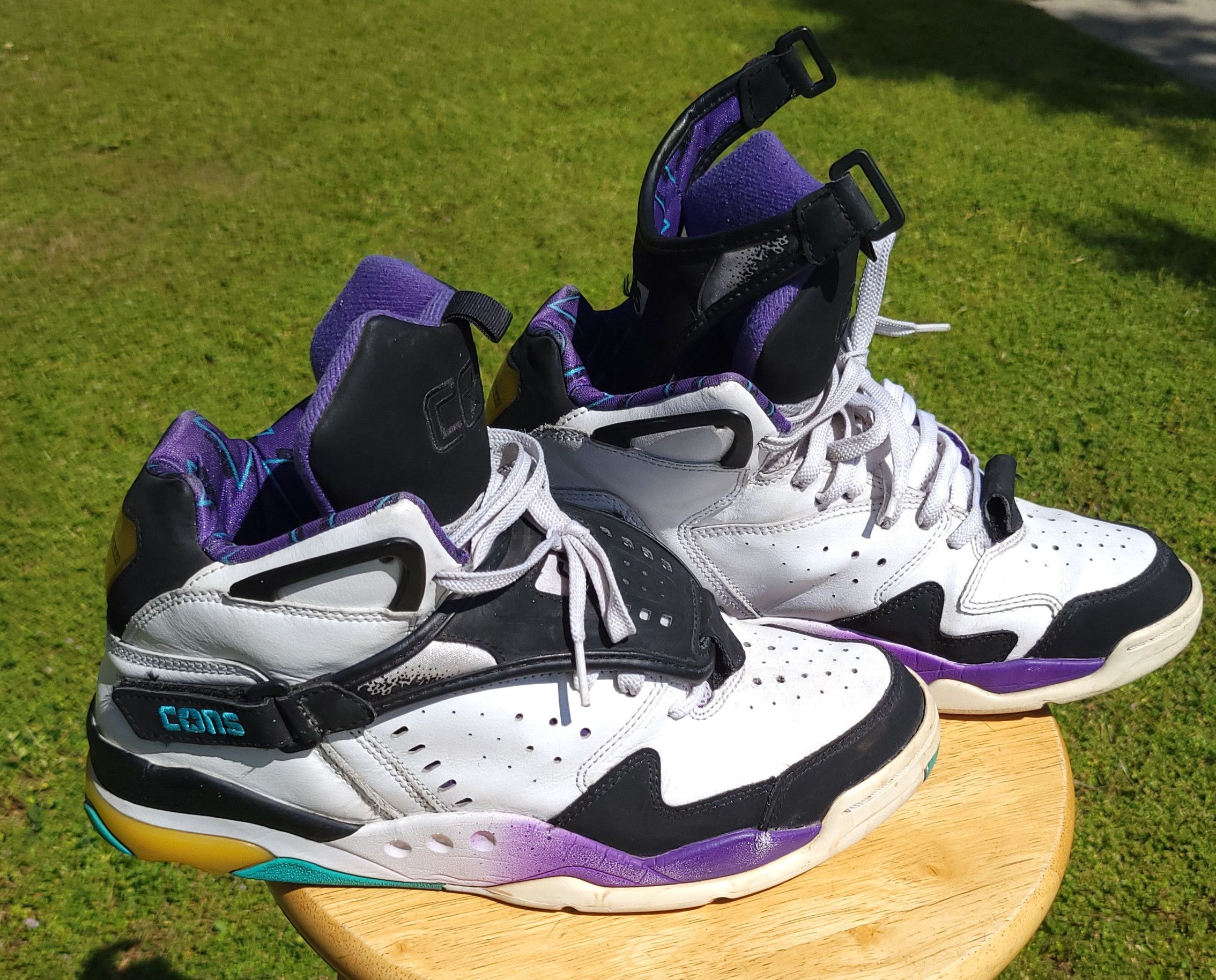 image of Converse x Vintage Aerojam Mid "hornets Home" Shoes in White/Purple/Blue, Men's (Size 11)
