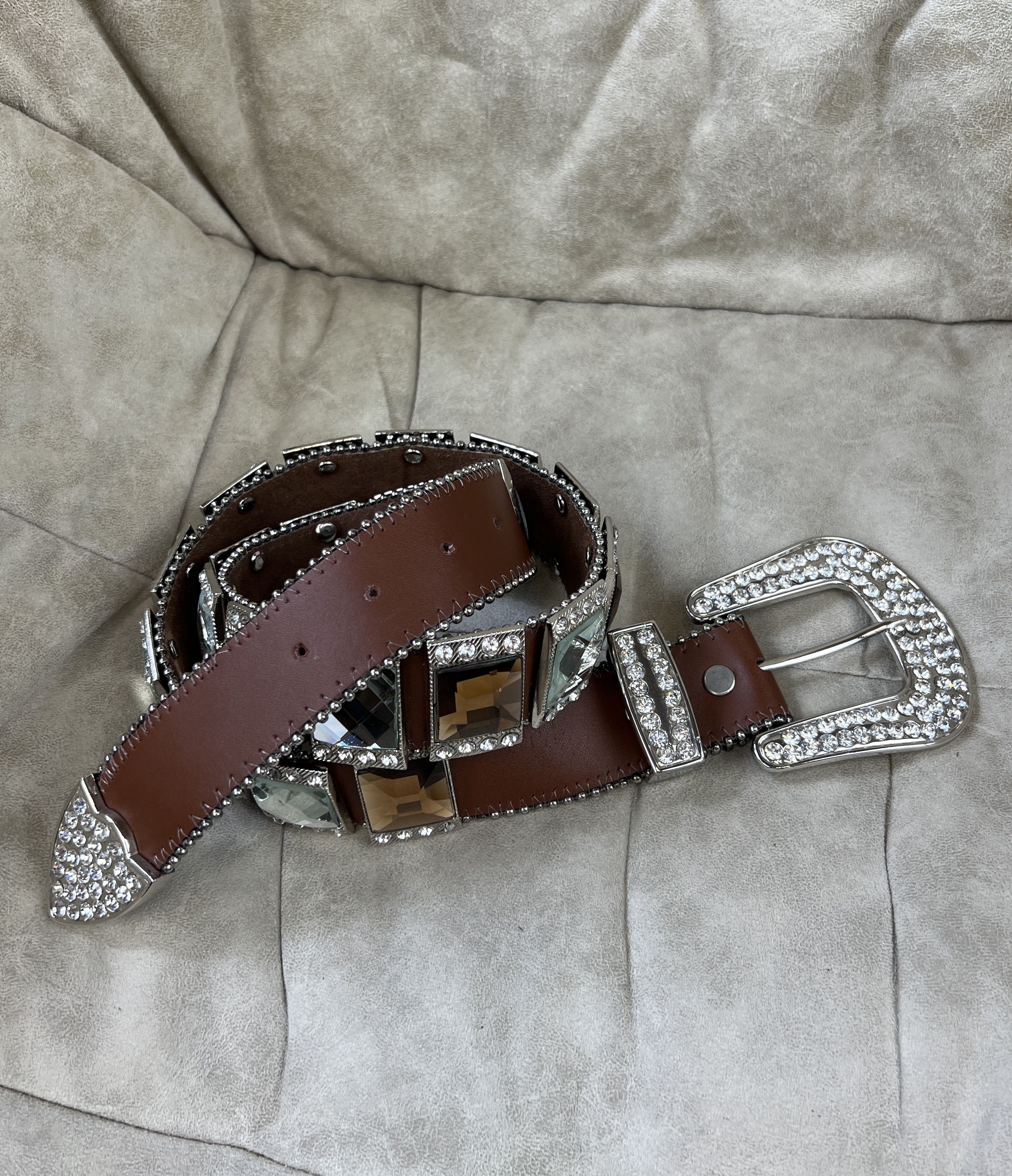 Vintage Y2K Heavy Rhinestones Crystals Leather Belt BB Simon Style Size ONE SIZE - 11 Thumbnail