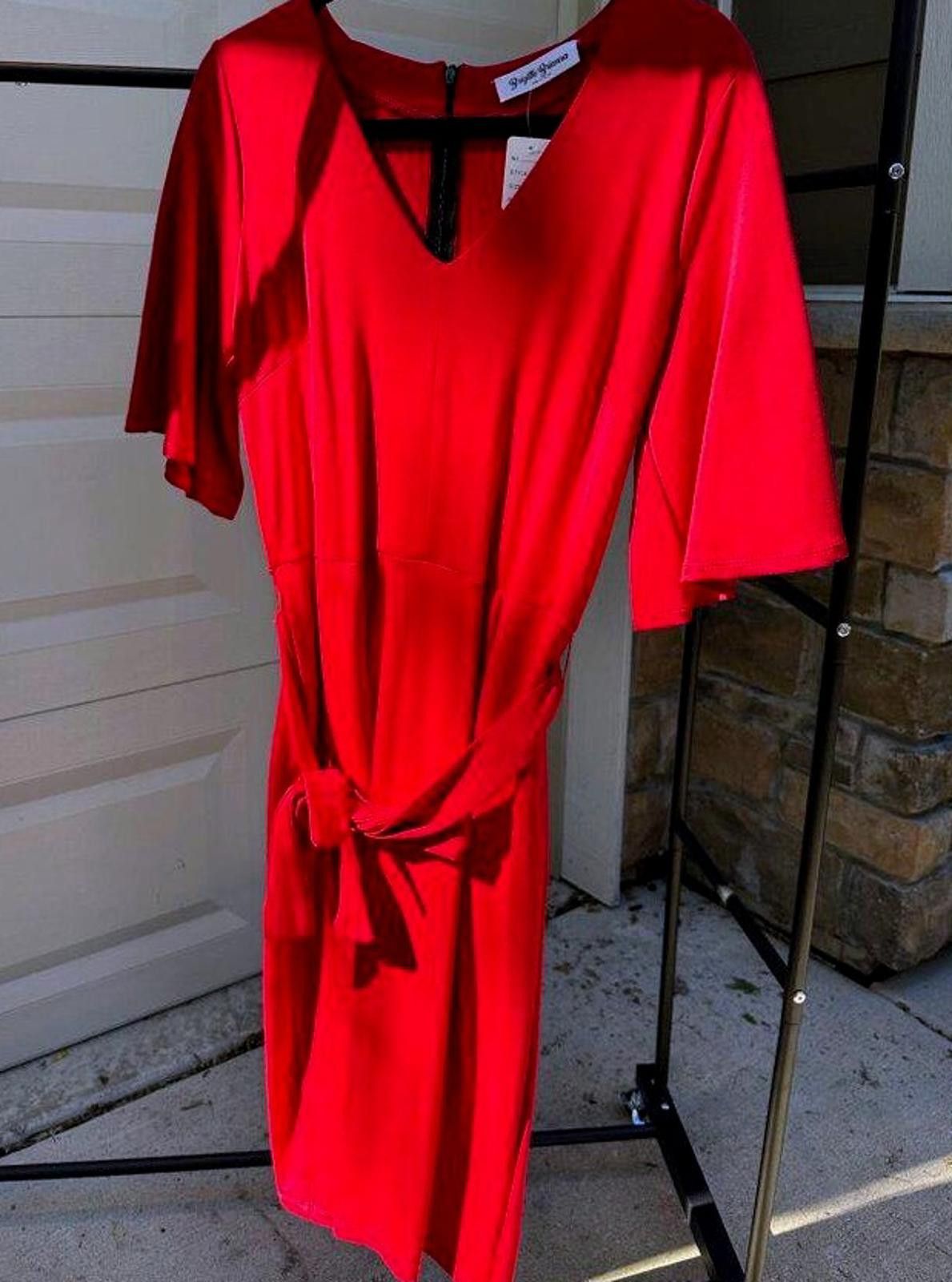 Designer Brigitte Brianna Red Knee-Length Belted Dress Womens Fashion Size L / US 10 / IT 46 - 1 Thumbnail