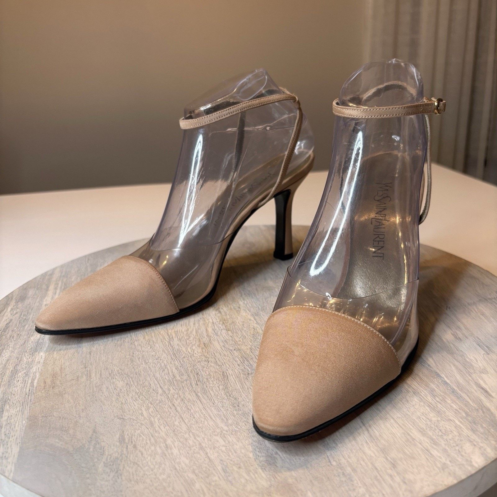 Saint Laurent Paris Saint Laurent Vintage Beige and Clear Ankle Wrap Pumps 9.5 M Size US 9.5 / IT 39.5 - 6 Thumbnail