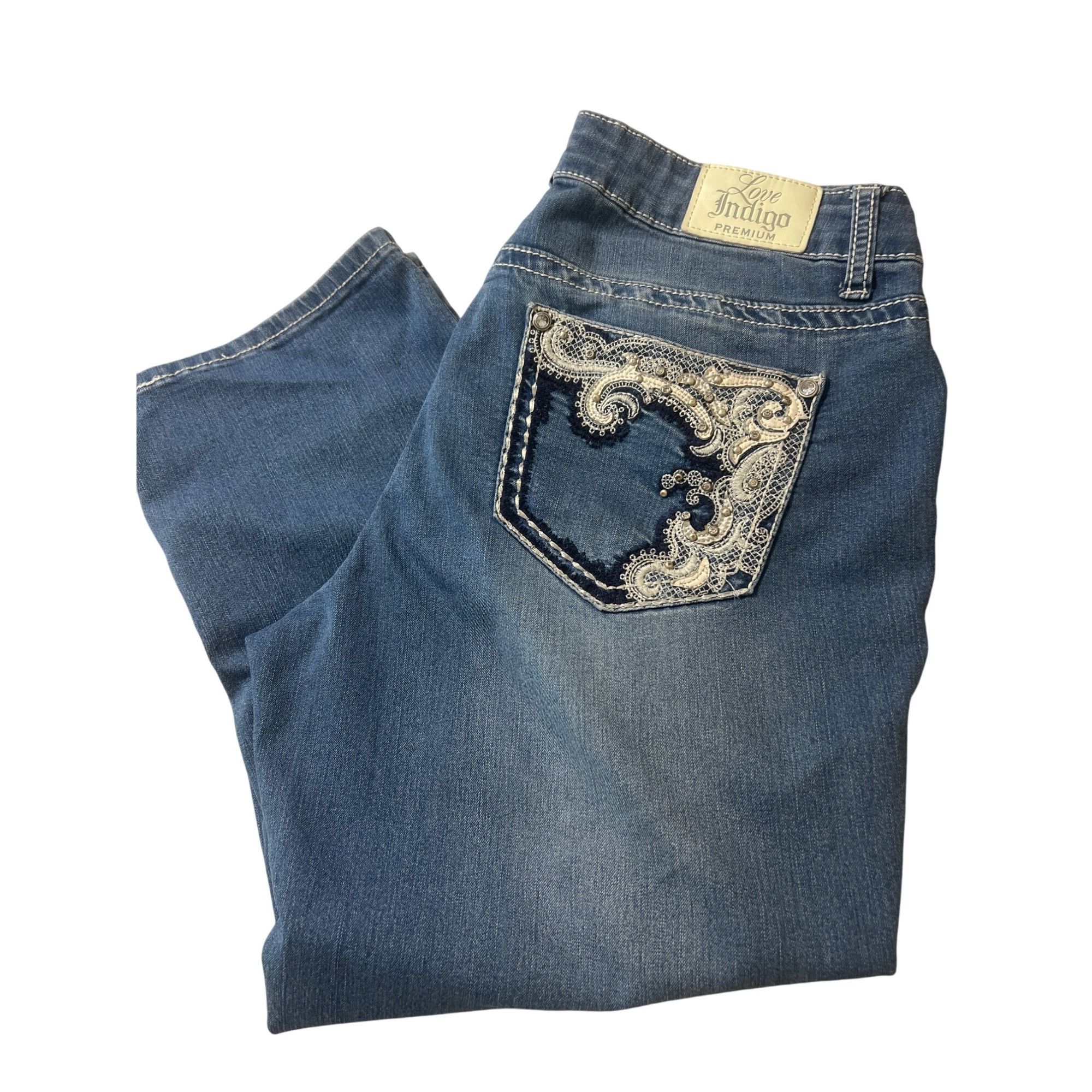 Other Love Indigo Embroidered Denim Capri Jeans Rhinestones Thick Size 32" / US 10 / IT 46 - 3 Thumbnail