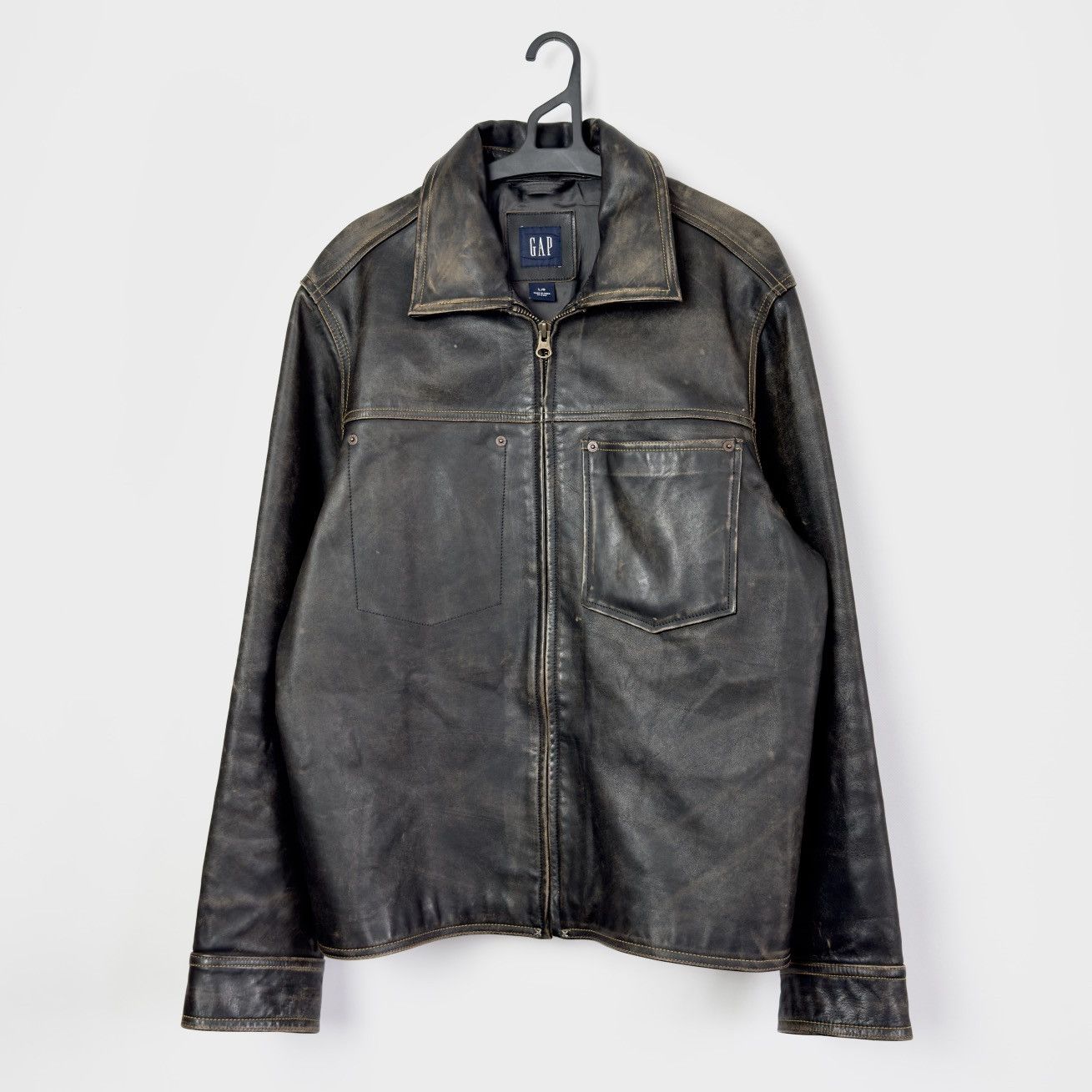 Gap Y2k OLD GAP Distressed Leather Jacket Heavyweight Boxy Faded Size US L / EU 52-54 / 3 - 1 Thumbnail
