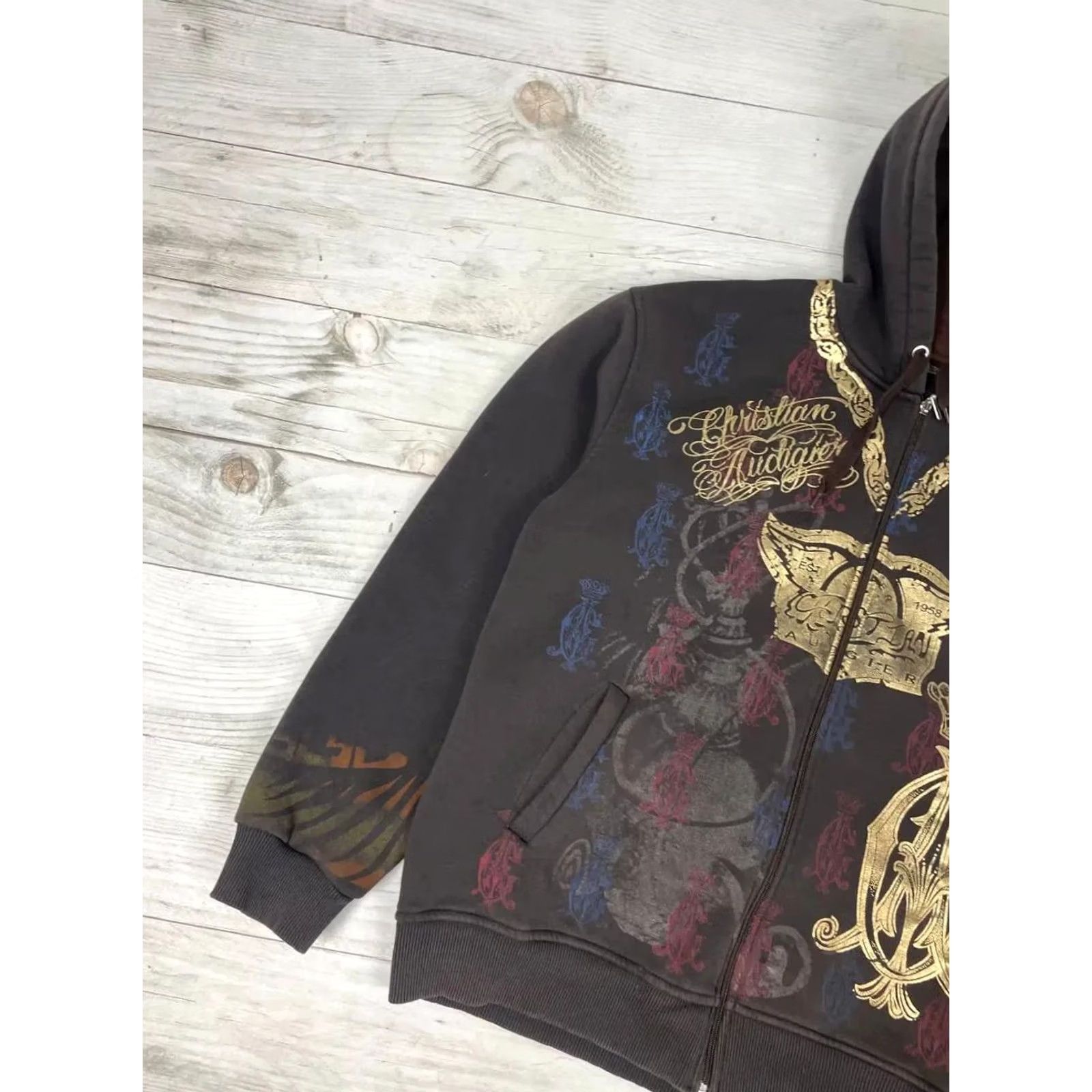 Vintage VINTAGE Christian Audigier Hoodie Full Zip Mens 2XL Brown 90s Love Full Zip Hooded Sweatshirt Brown 90s Size US XXL / EU 58 / 5 - 6 Thumbnail