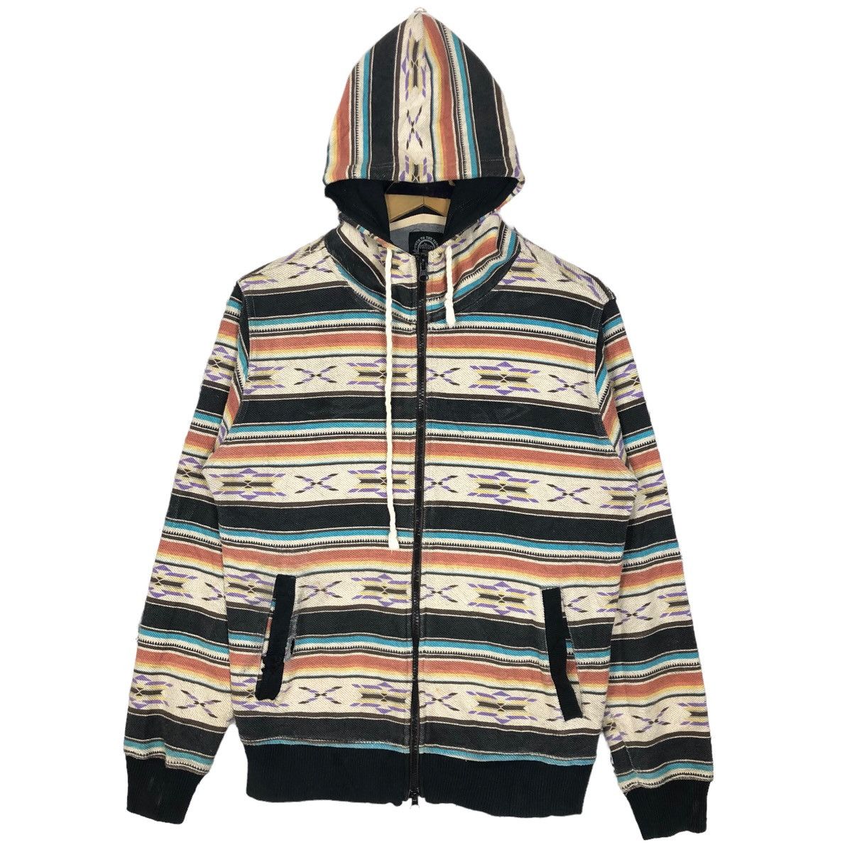 Image of Vintage Power To The People Southwestern Pattern Hoodie in Black/Beige, Men's (Size Small)