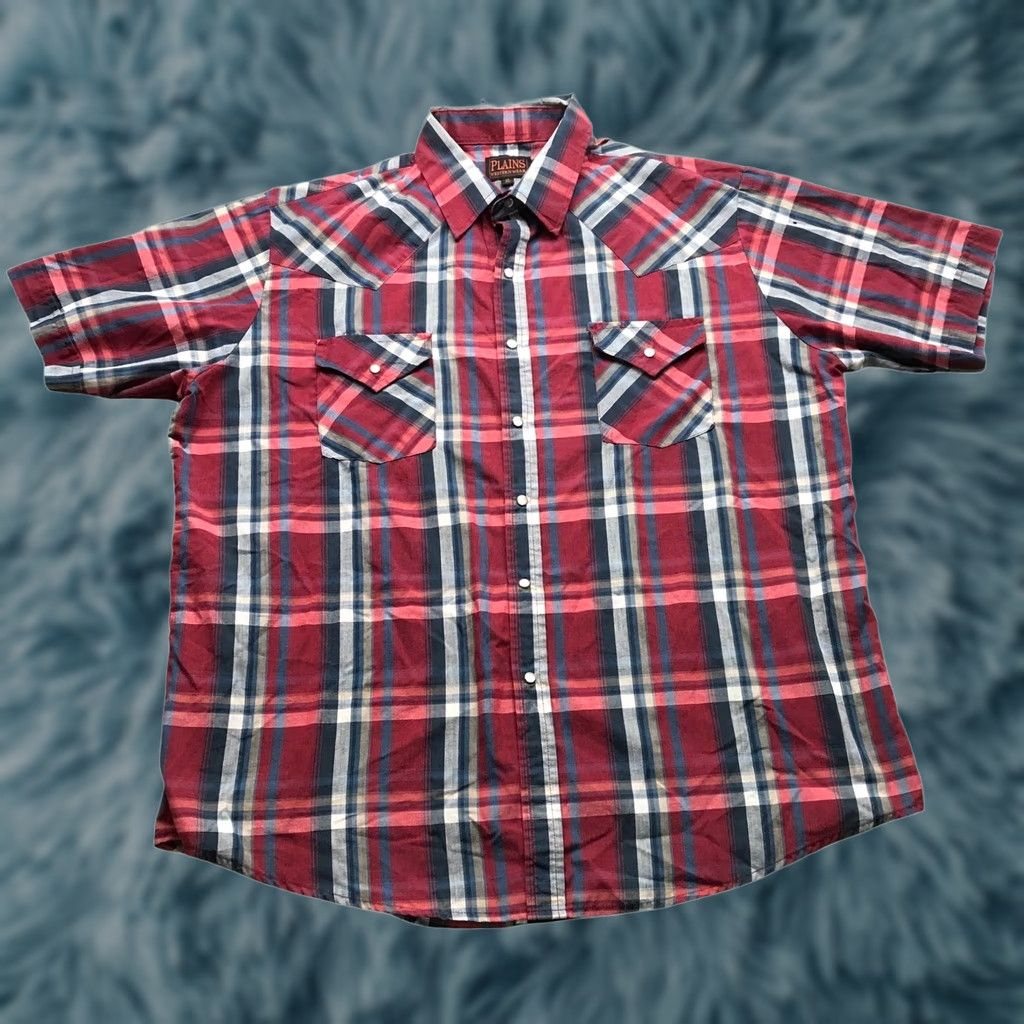 Vintage VINTAGE Plains Western Wear Button Up Shirt Men XL Short Sleeve Plaid Pearl Snap Blue Maroon Size US XL / EU 56 / 4 - 1 Thumbnail
