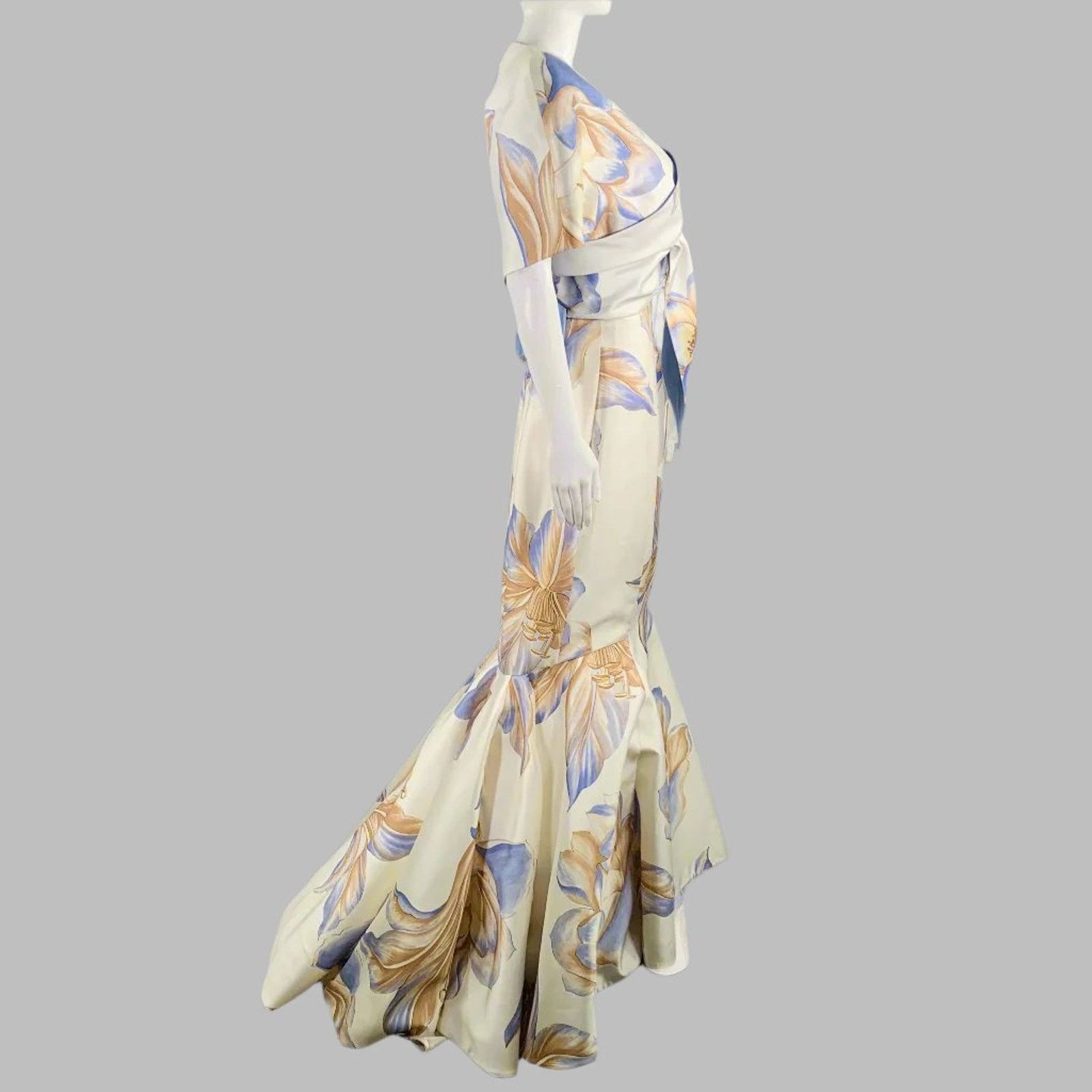 Other Size 6 Cream Blue Tan Silk Floral Shawl Strapless Gown Size M / US 6-8 / IT 42-44 - 3 Thumbnail