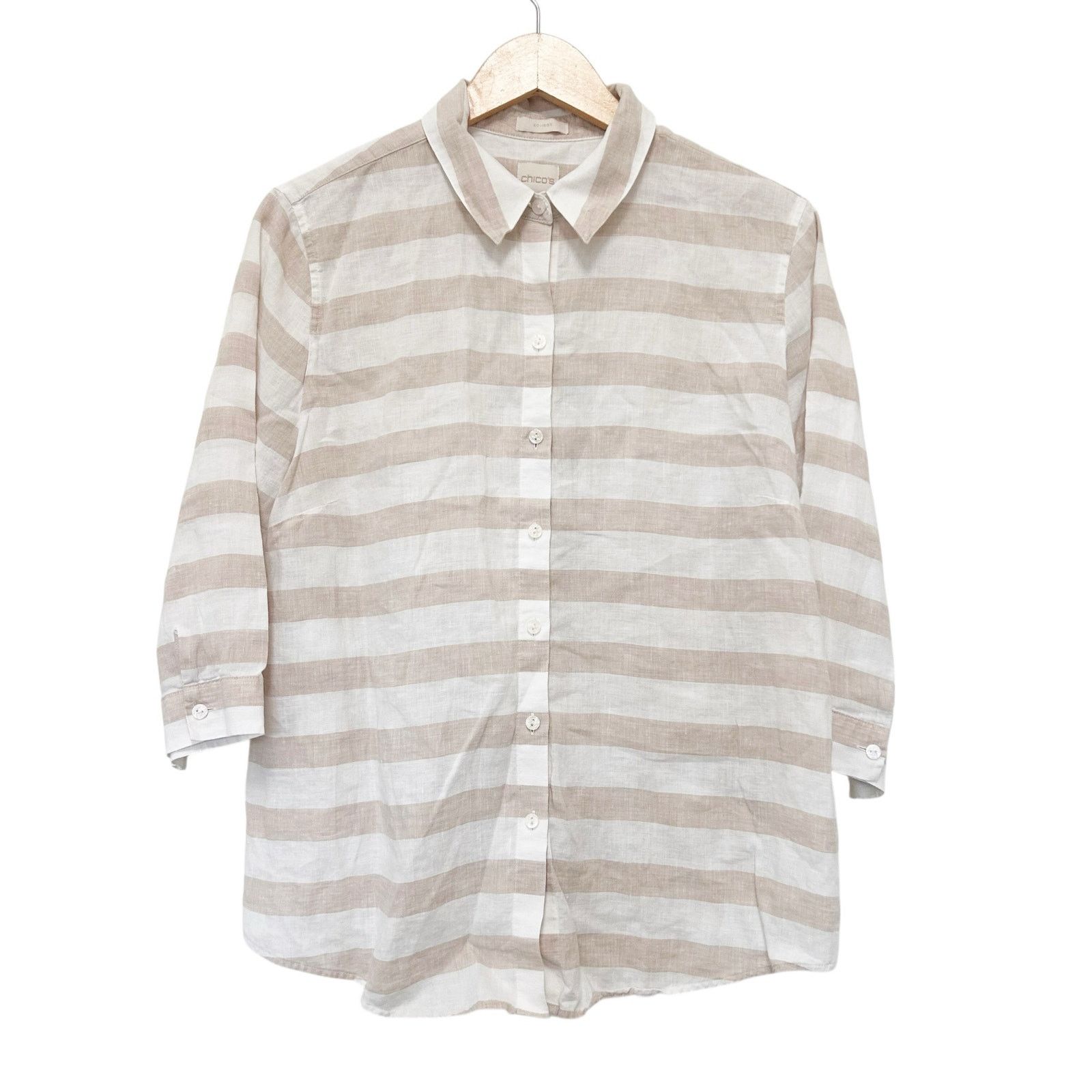 Chicos Chicos Tan White Striped 100% Linen Button Down Shirt Sz XLP Size XL / US 12-14 / IT 48-50 - 2 Thumbnail