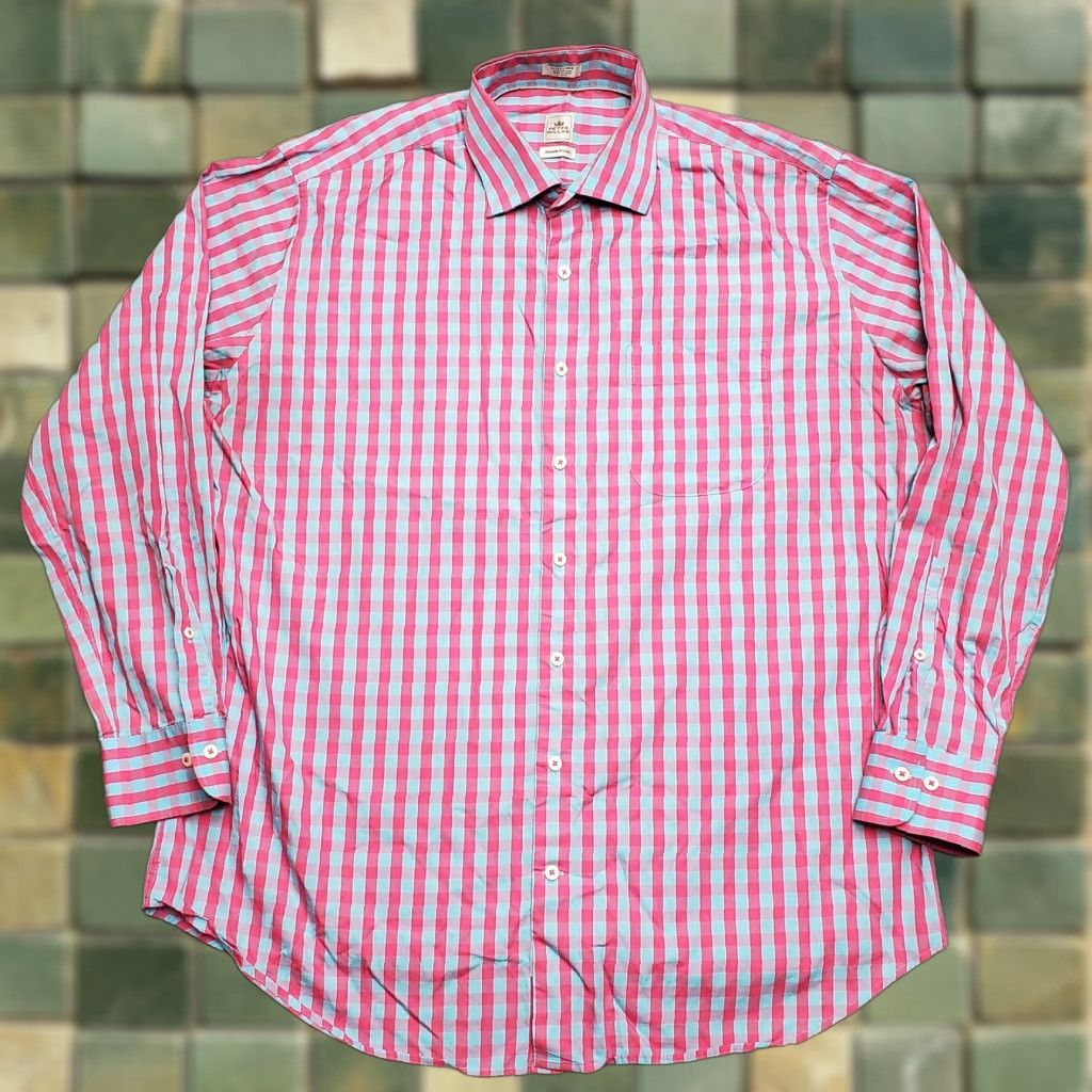 UNTUCKit VINTAGE Peter Millar Shirt Mens Extra Large Blue Pink Gingham Plaid Check Long Sleeve Size US L / EU 52-54 / 3 - 1 Thumbnail