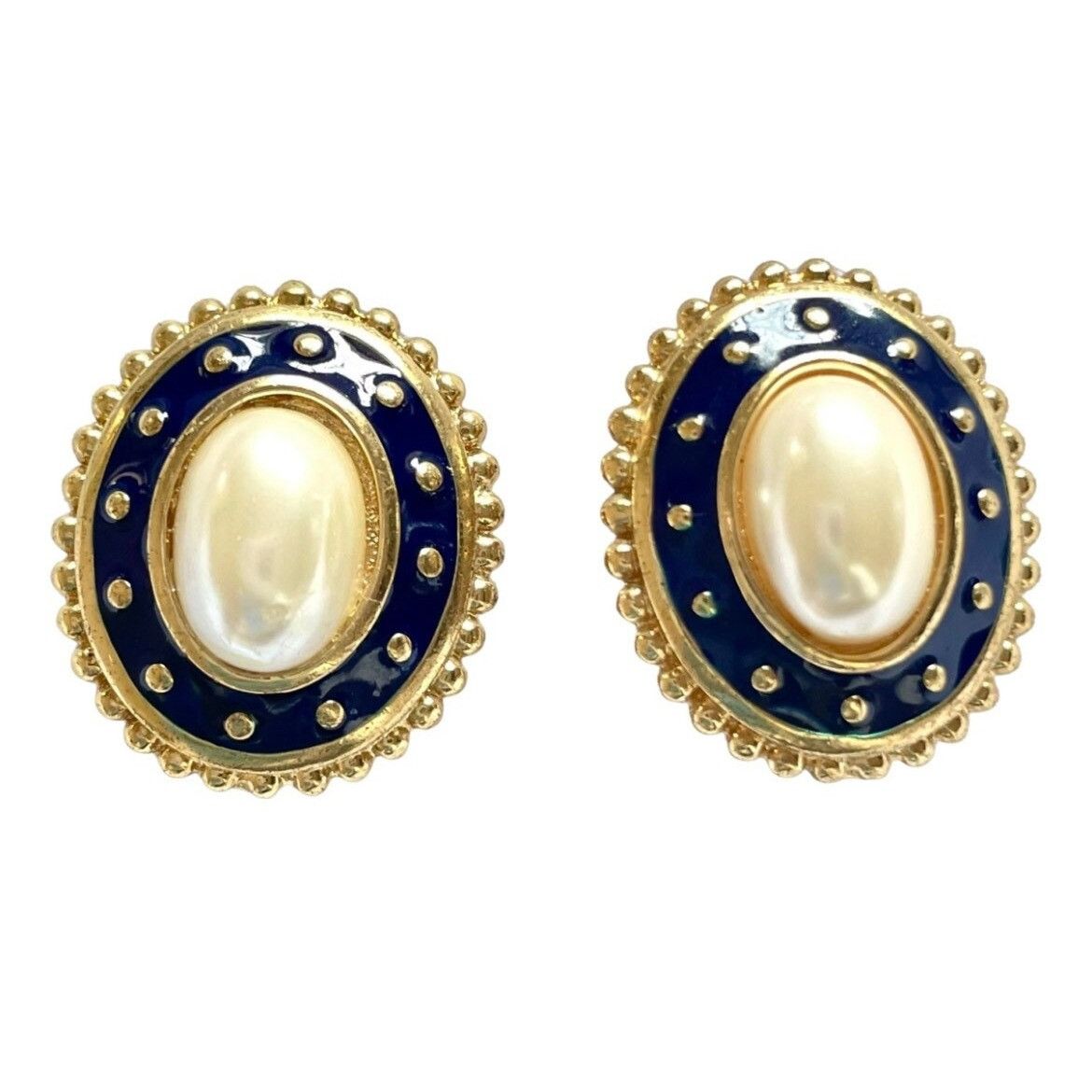 image of Vintage Burberry Faux Oval Pearl And Gold And Navy Tone, Women's