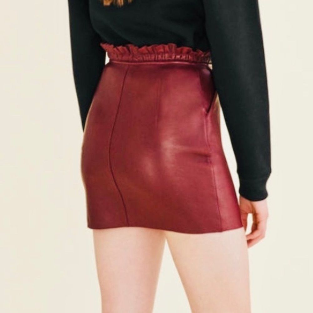 Maje NWT New $570 Maje Draw cord Burgundy Leather Mini Skirt Siz Size 30" / US 8 / IT 44 - 2 Thumbnail