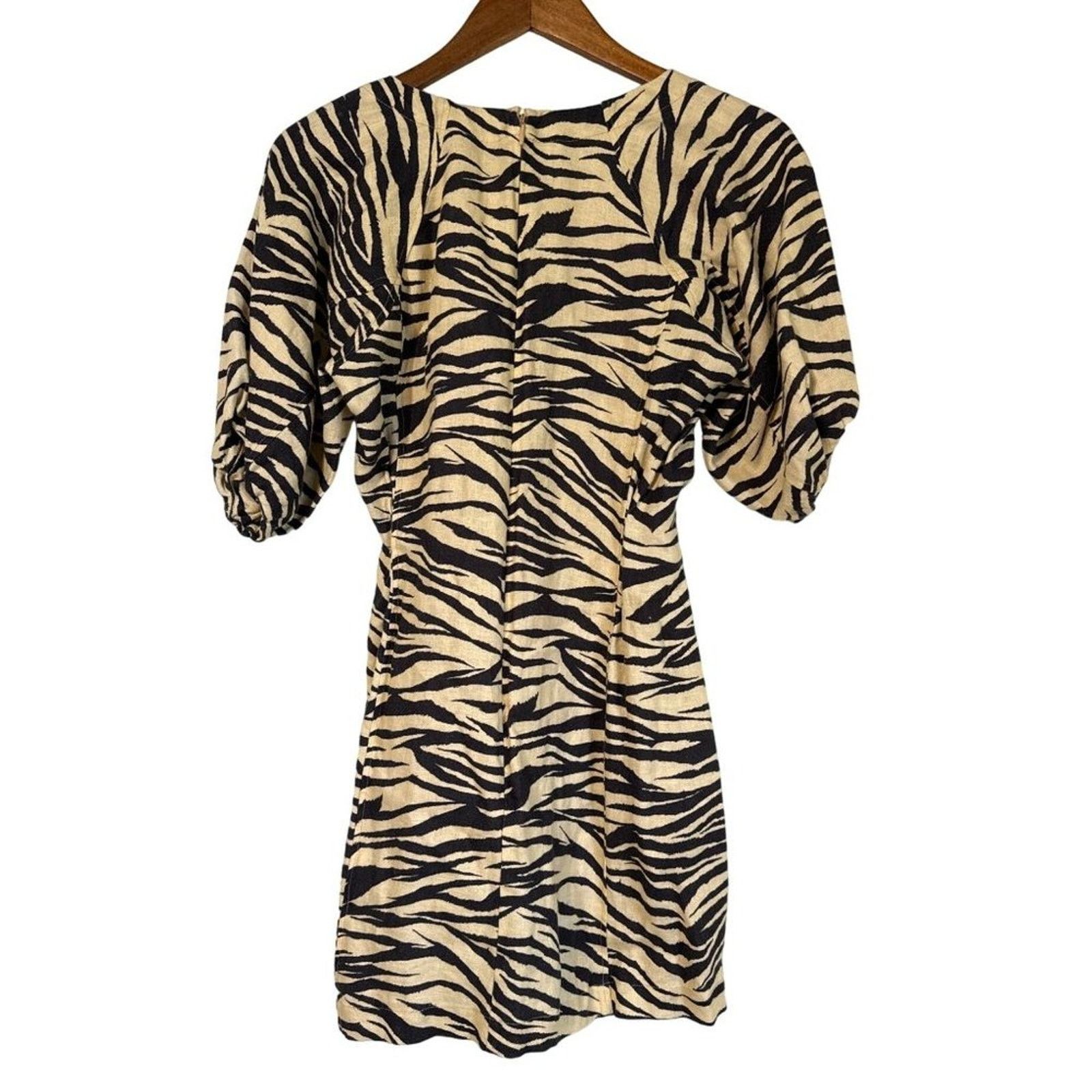 NICHOLAS Nicholas Zebra Print Linen Mini Dress Cream Black V-Neck 4 Size S / US 4 / IT 40 - 5 Thumbnail