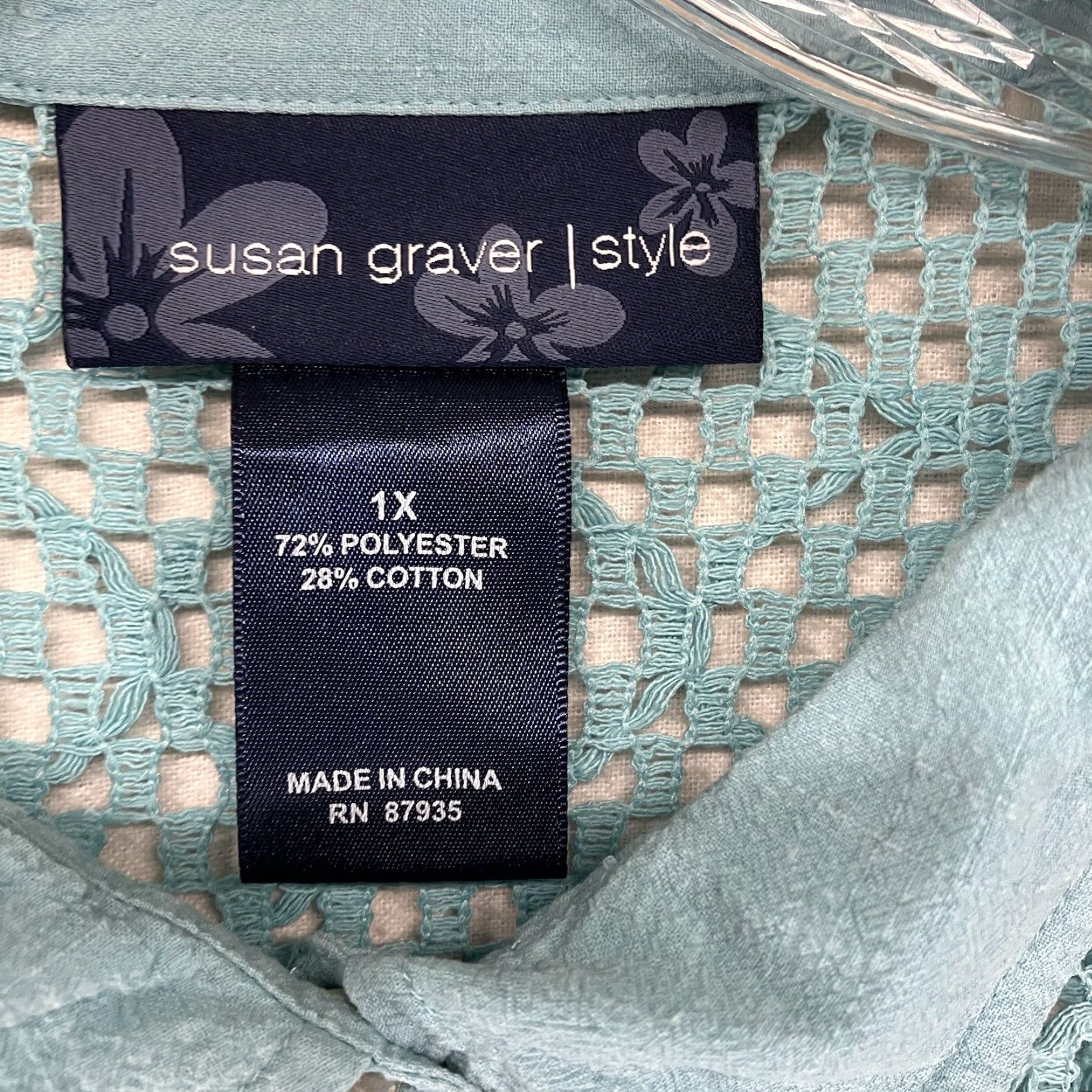 Vintage Women's 1X Button Up Top Collared Sheer Knit Crochet Style Light Aqua Pearl Size XL / US 12-14 / IT 48-50 - 3 Thumbnail