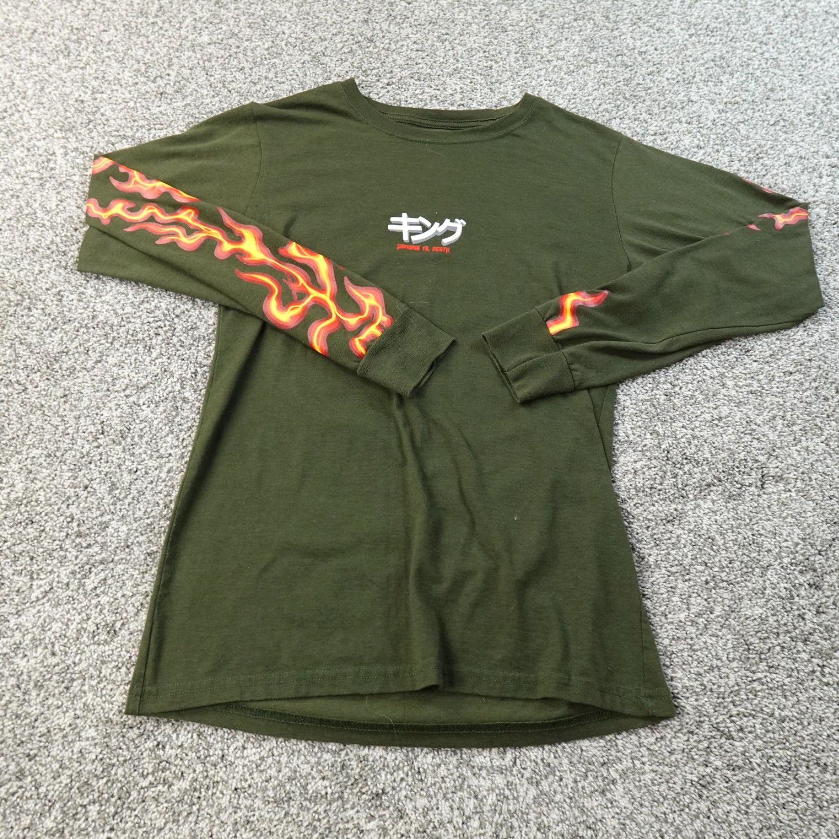 Vintage Samurai Shirt Mens S Green Skull Flames Long Sleeve Graphic Tee Grunge Y2K Shirt Mens S Green Skull Flames Long Sleeve Graphic Tee Size US S / EU 44-46 / 1 - 4 Thumbnail