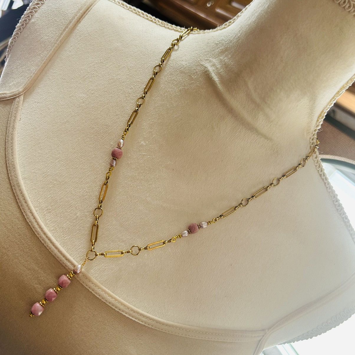Handmade Handcrafted faceted square cut rhodonite genuine pearl set Size ONE SIZE - 1 Thumbnail