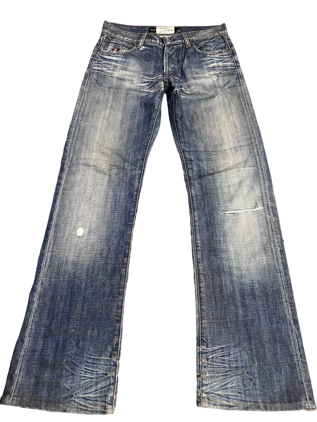 image of Distressed Denim x Energie Vintage Energie Straight Morris Flare Distress Style Denim in Blue (Size