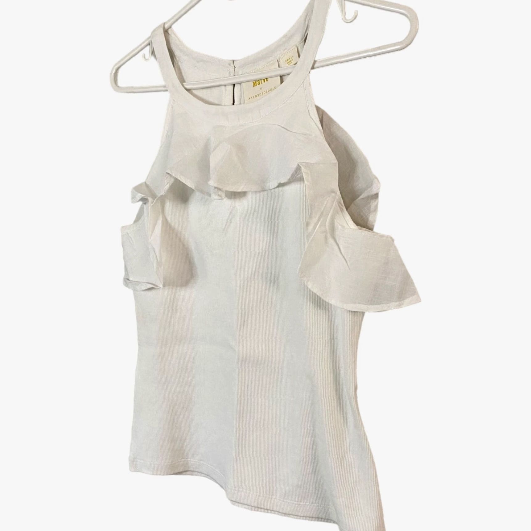 Anthropologie VINTAGE Maeve Anthropologie Women's Tank Top Sleeveless Ruffle Halter Cotton Blend Small White Blouse Size S / US 4 / IT 40 - 2 Thumbnail