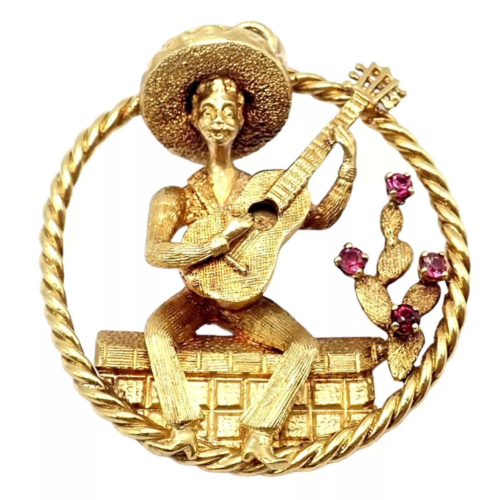 Vintage Rudi Cherny Yellow Gold Guitar Player Cactus Ruby Pendant Size ONE SIZE - 9 Thumbnail
