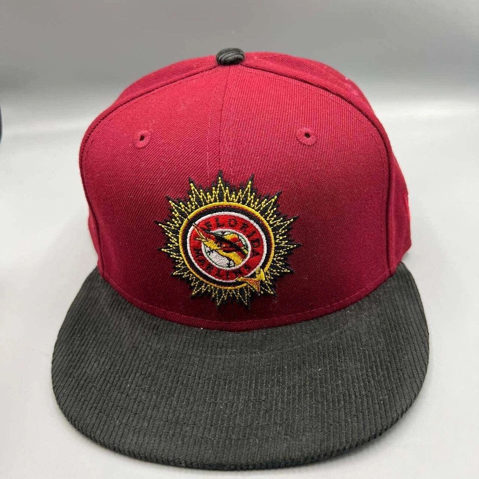 New Era Florida Marlins Hat Men 7 1/2 Red Corduroy MLB Fitted Cap Size ONE SIZE - 3 Thumbnail