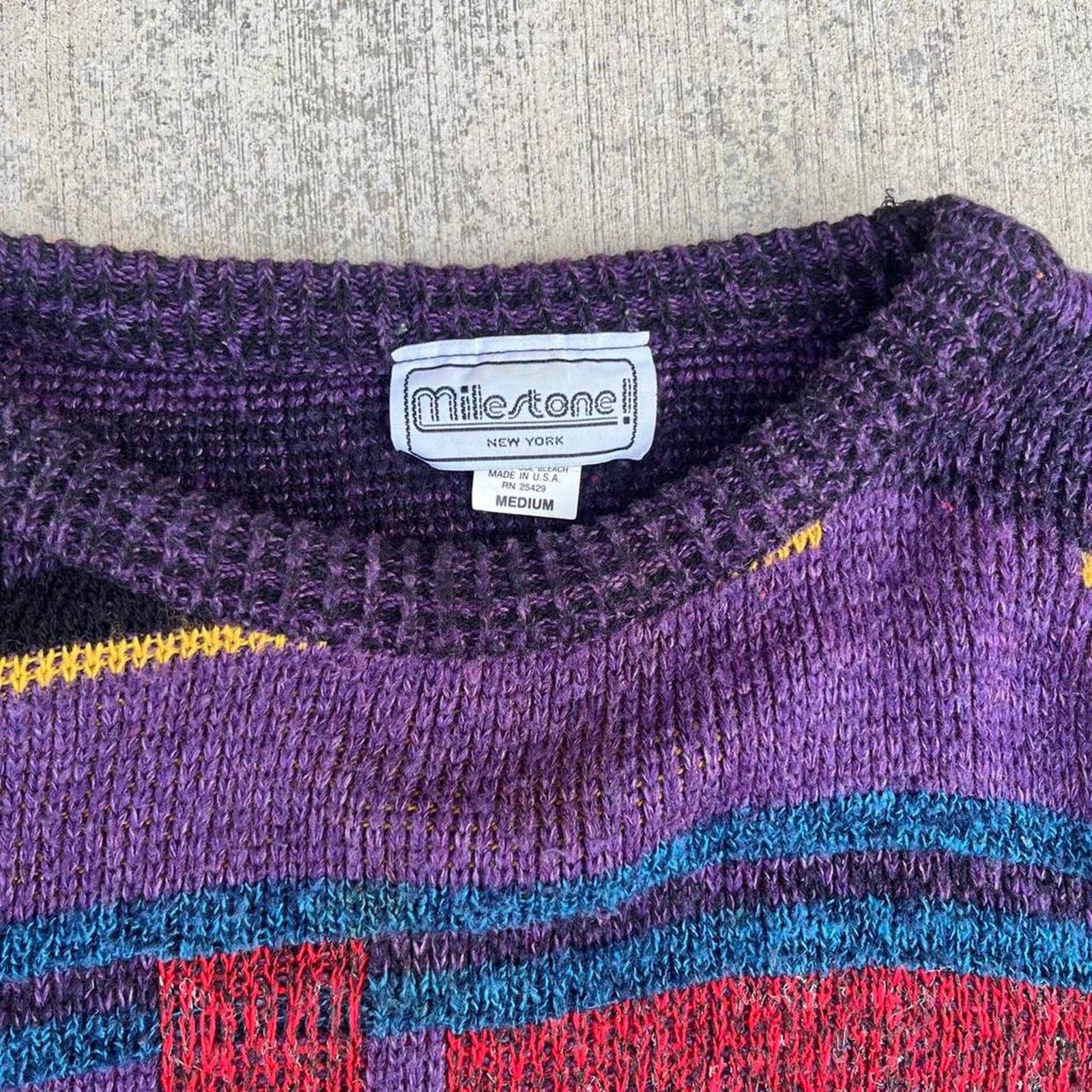 Milestone MileStone 80’s Purple Geometric Pattern Pullover Sweater Size US M / EU 48-50 / 2 - 3 Thumbnail
