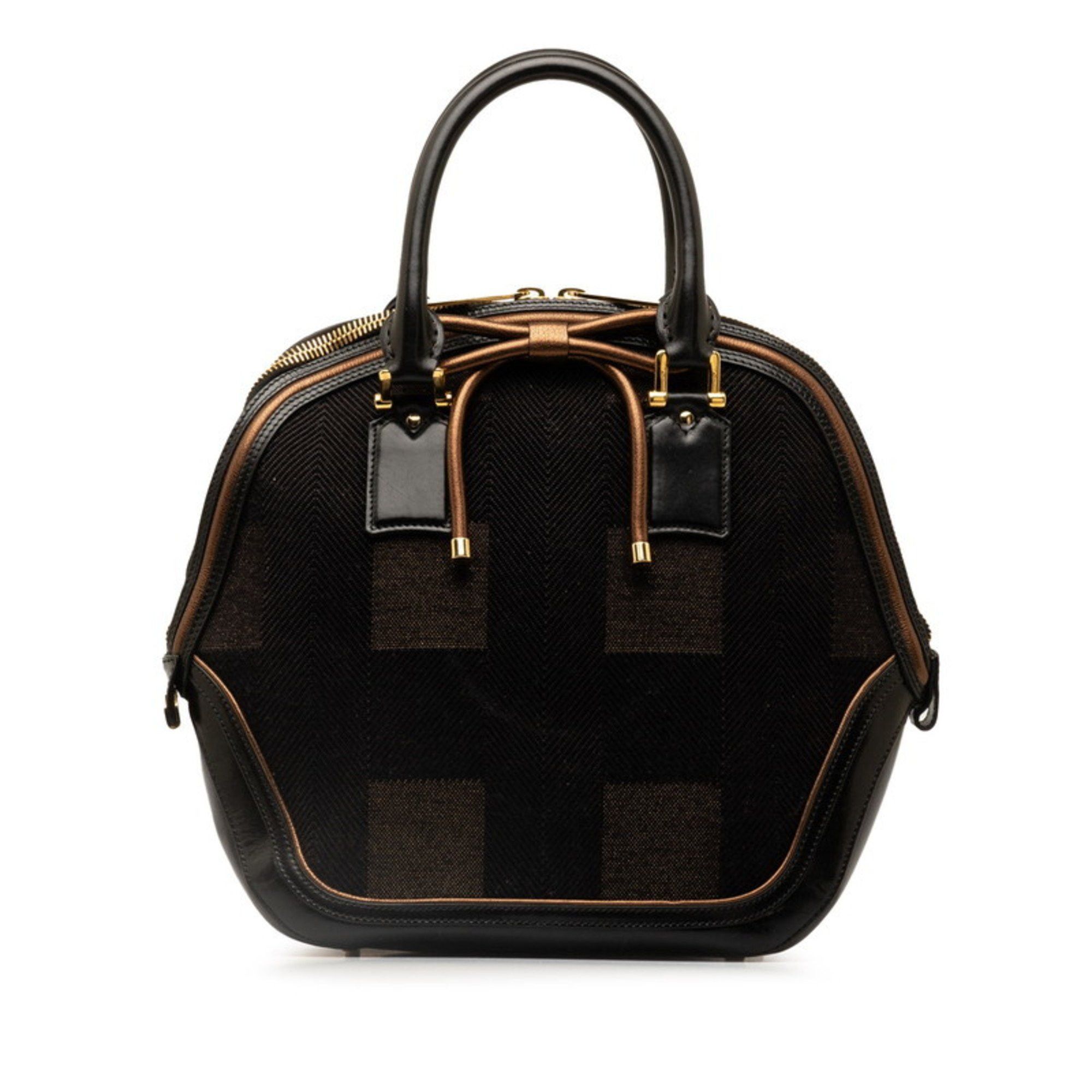 image of Burberry Check Ribbon Plate Tote Bag Black Brown Cotton Leather Women's Burberry