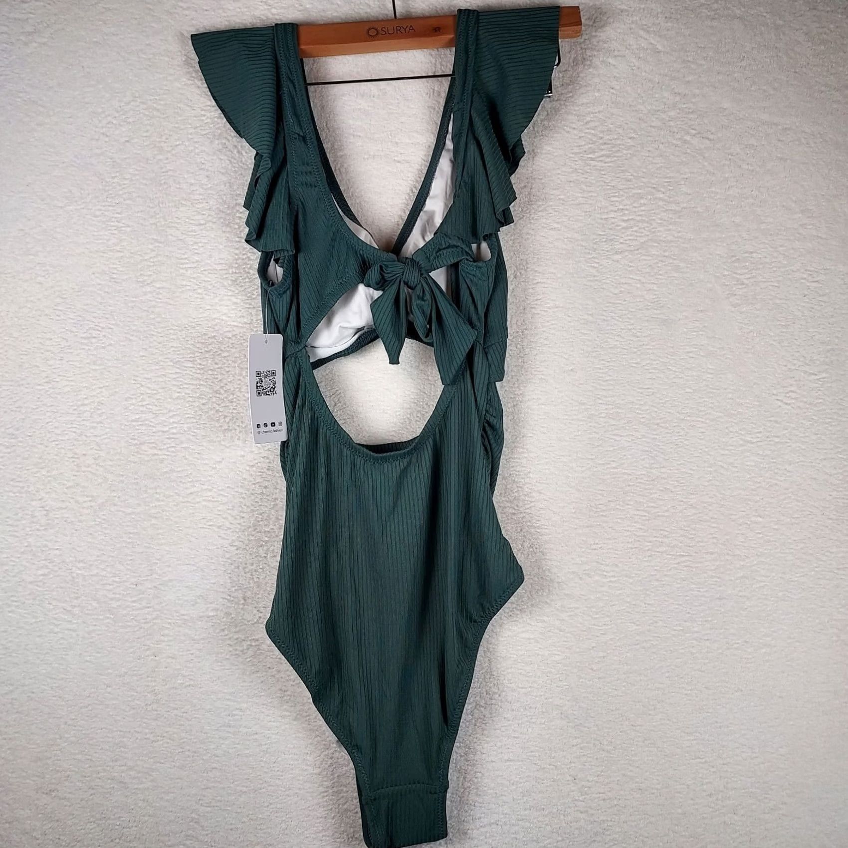 Vintage Charmo Green One Piece Swimsuit Ribbed Cutout Ruffle Shoulder UPF 50+ NWT Size S Women Beach Size ONE SIZE - 7 Thumbnail