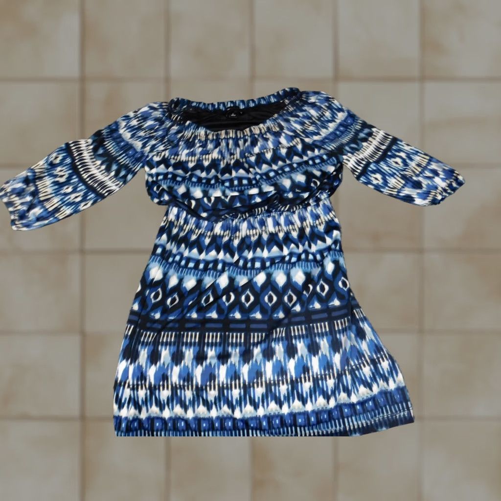 Vintage AB Studio Dress Womens Small Pullover A-Line Long Sleeve Knit Blue Knee Length Raglan Pattern Striped rayon Polyester Stretch Size S / US 4 / IT 40 - 1 Thumbnail