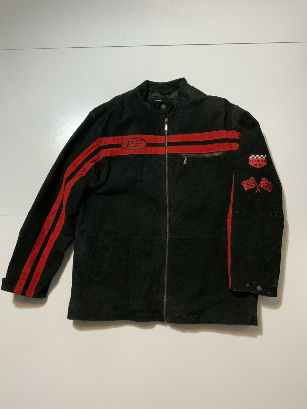VTG Y2K Suede Leather Cafe Racer Stripe Motorcycle Jacket
