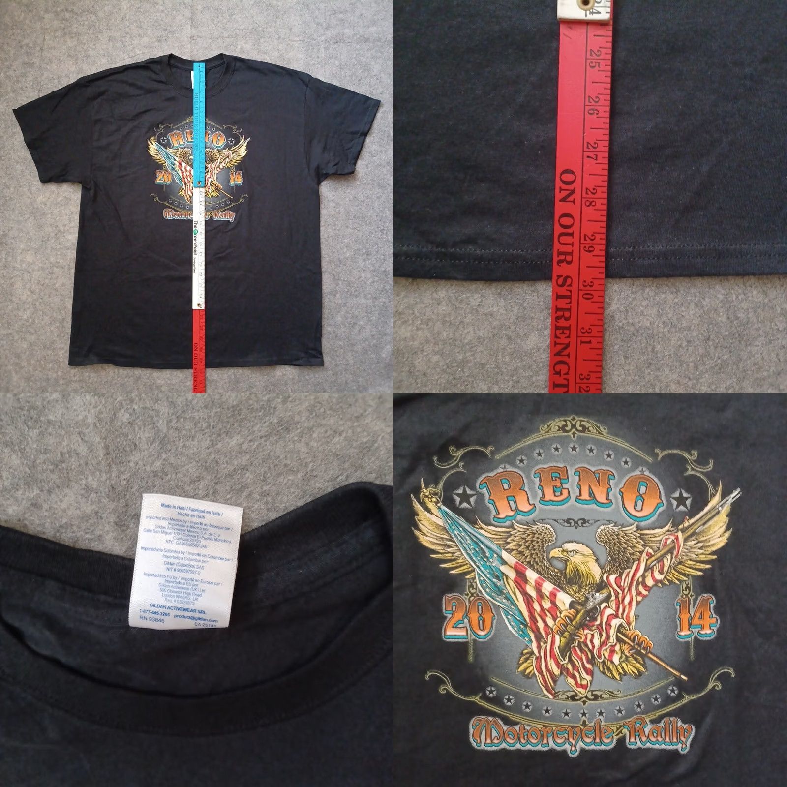 Gildan Reno Motorcycle Rally T Shirt Mens XL Black Double Side Graphic Eagle Logo 2014 Size US XL / EU 56 / 4 - 8 Thumbnail