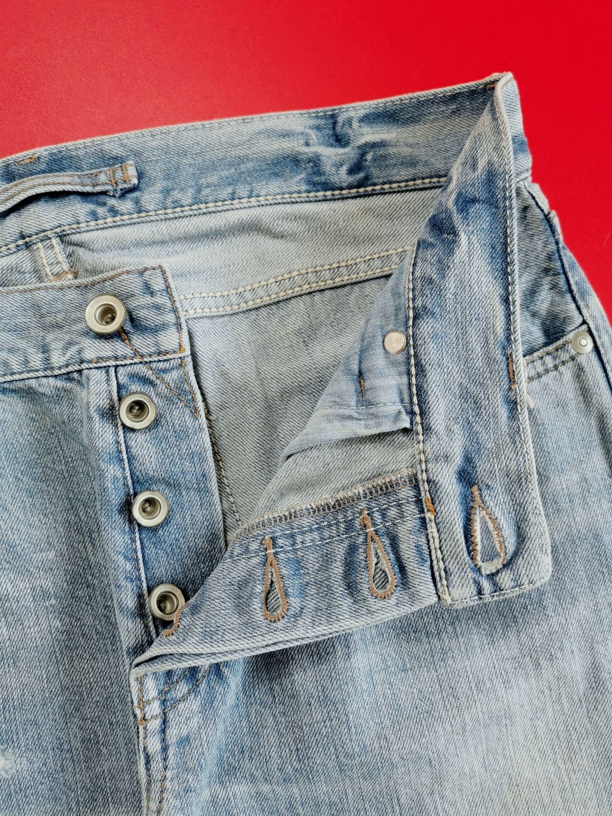 GOA GOA Selvedge Straight Leg Distressed Light Wash Jeans Size US 31 - 11 Thumbnail