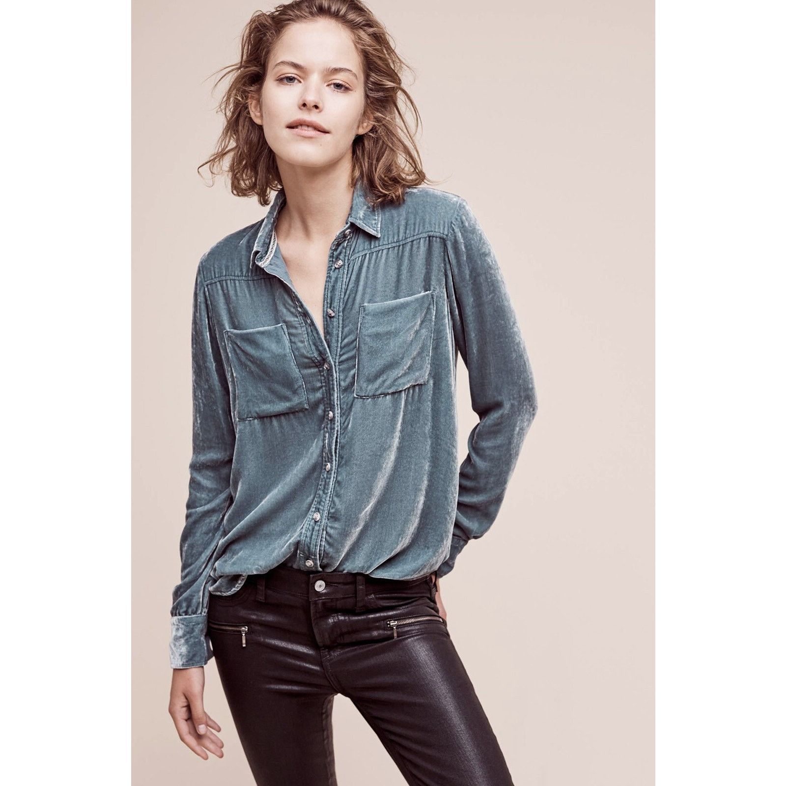Anthropologie Anthropologie Holding Horses Blue Velvet Blouse Top Small Size S / US 4 / IT 40 - 1 Thumbnail