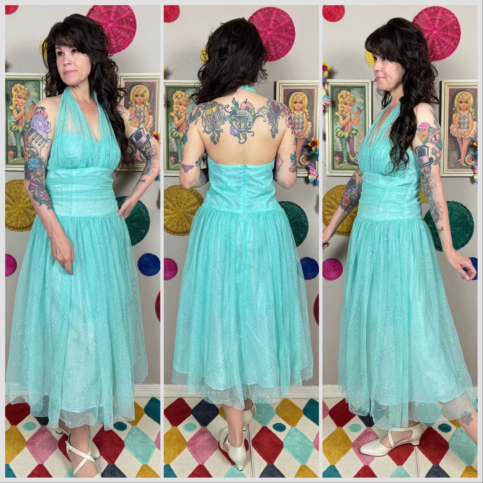 Vintage Vintage 1990s Aqua Tulle Halter Fit and Flare Prom Dress Size M / US 6-8 / IT 42-44 - 2 Thumbnail