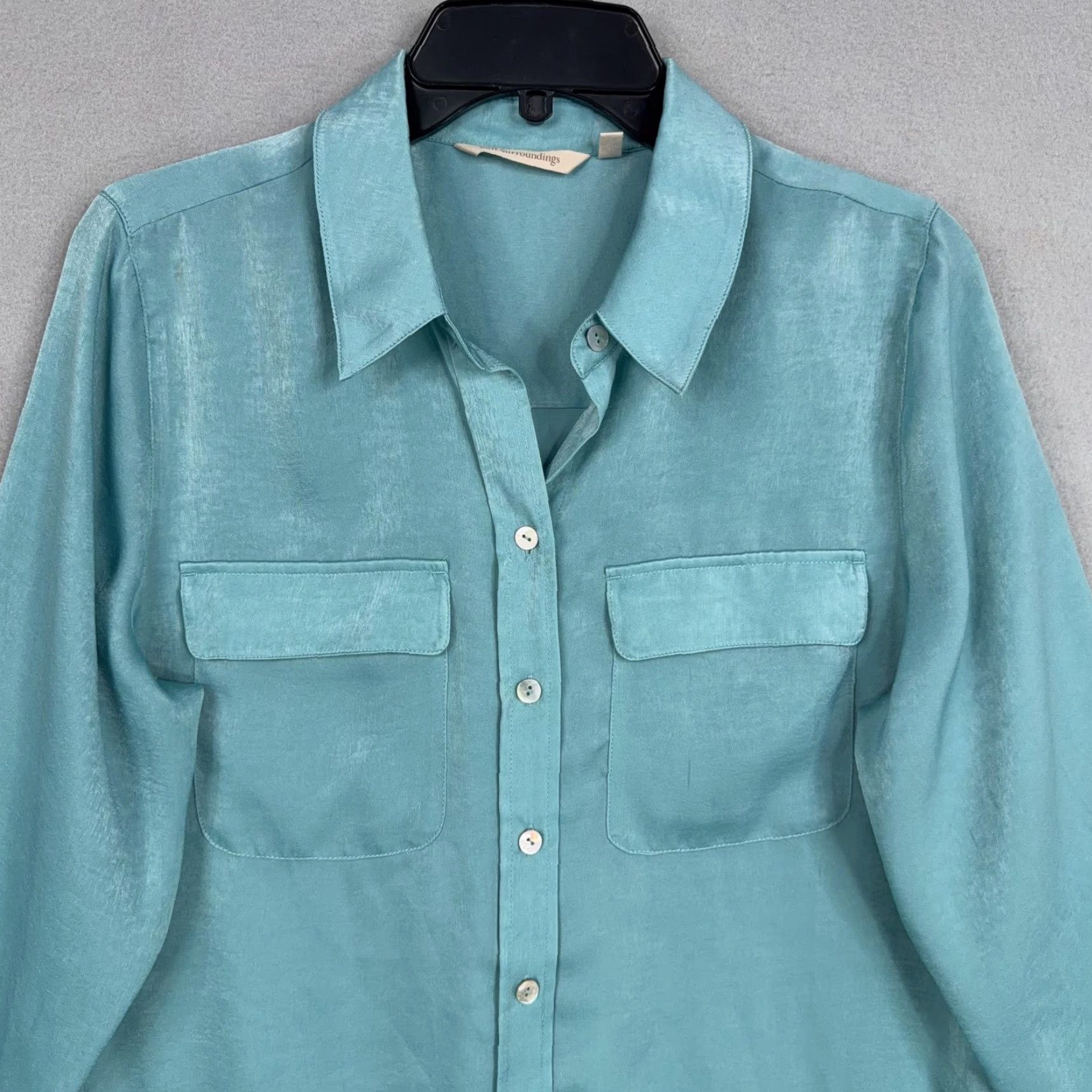 Soft Surroundings Soft Surroundings Shirt Womens Medium Teal Button-Front Satin Blouse Top Size M / US 6-8 / IT 42-44 - 2 Thumbnail
