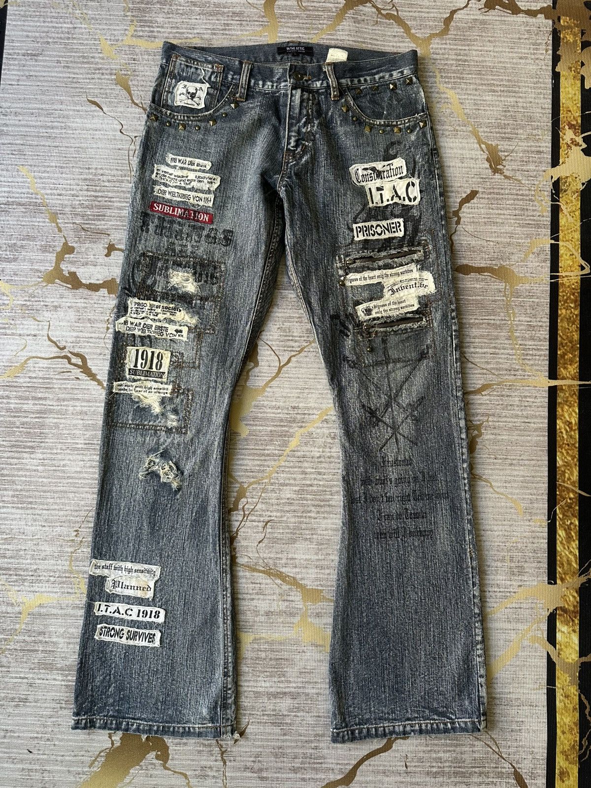 In The Attic FLARE In The Attic Sublimation Studded Poem Patchwork Denim Size US 31 - 3 Thumbnail