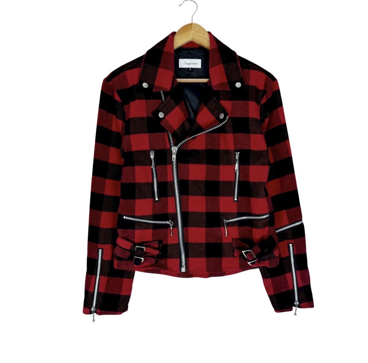 Japanese Brand 🌟SUGGESTION DOUBLE COLLAR RED TARTAN ZIPPER JACKET Size M / US 6-8 / IT 42-44 - 3 Thumbnail