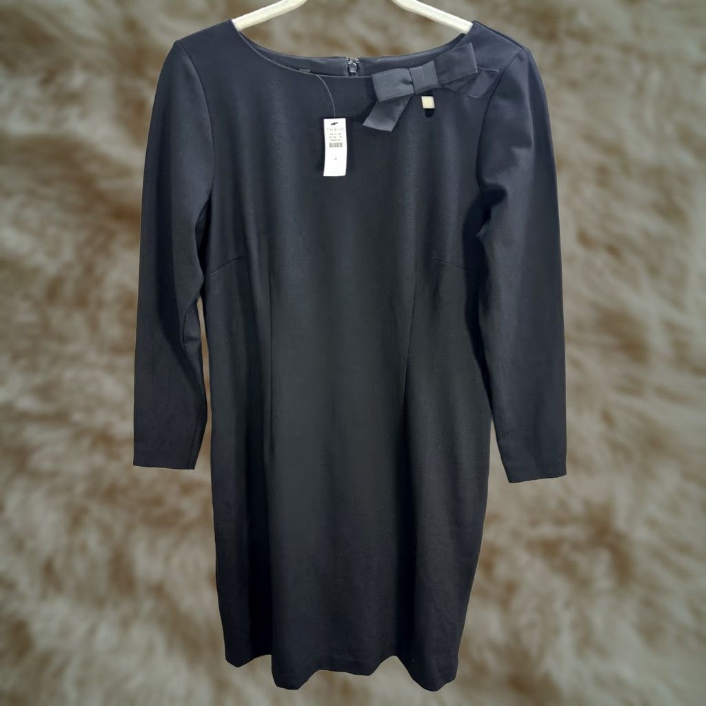 Talbots Talbots Black Sheath Dress Long Sleeve Boat Neck Bow On Front Mini Soft Sz 4 NWT Size S / US 4 / IT 40 - 1 Thumbnail