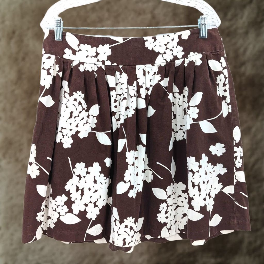 Vintage CATO Brown White Floral Skater Skirt Cotton Blend Size 12 Women Mini A-Line Short Office Vintage Womens Size 34" / US 12 / IT 48 - 1 Thumbnail