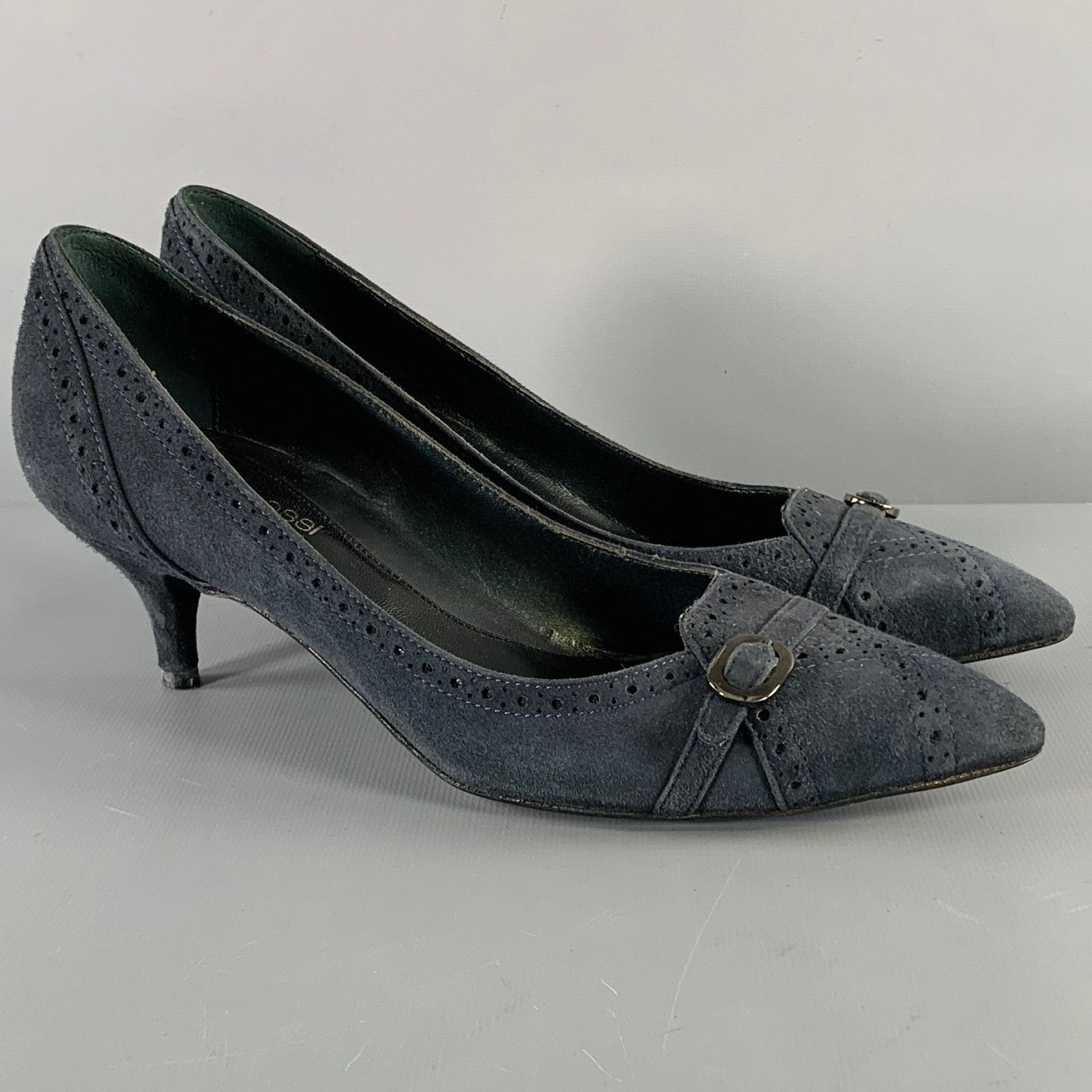 Sergio Rossi Size 6.5 Navy Suede Perforated Kitten Heel Pumps Size US 6.5 / IT 36.5 - 1 Thumbnail