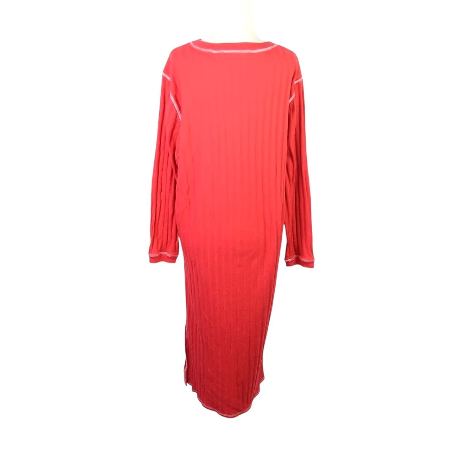 Vintage VINTAGE Body Drama Red Ribbed Knit Midi Night Dress Sleepwear Dress Long Sleeve L Womens Cotton Polyester Nightwear 46" Length Size L / US 10 / IT 46 - 4 Thumbnail