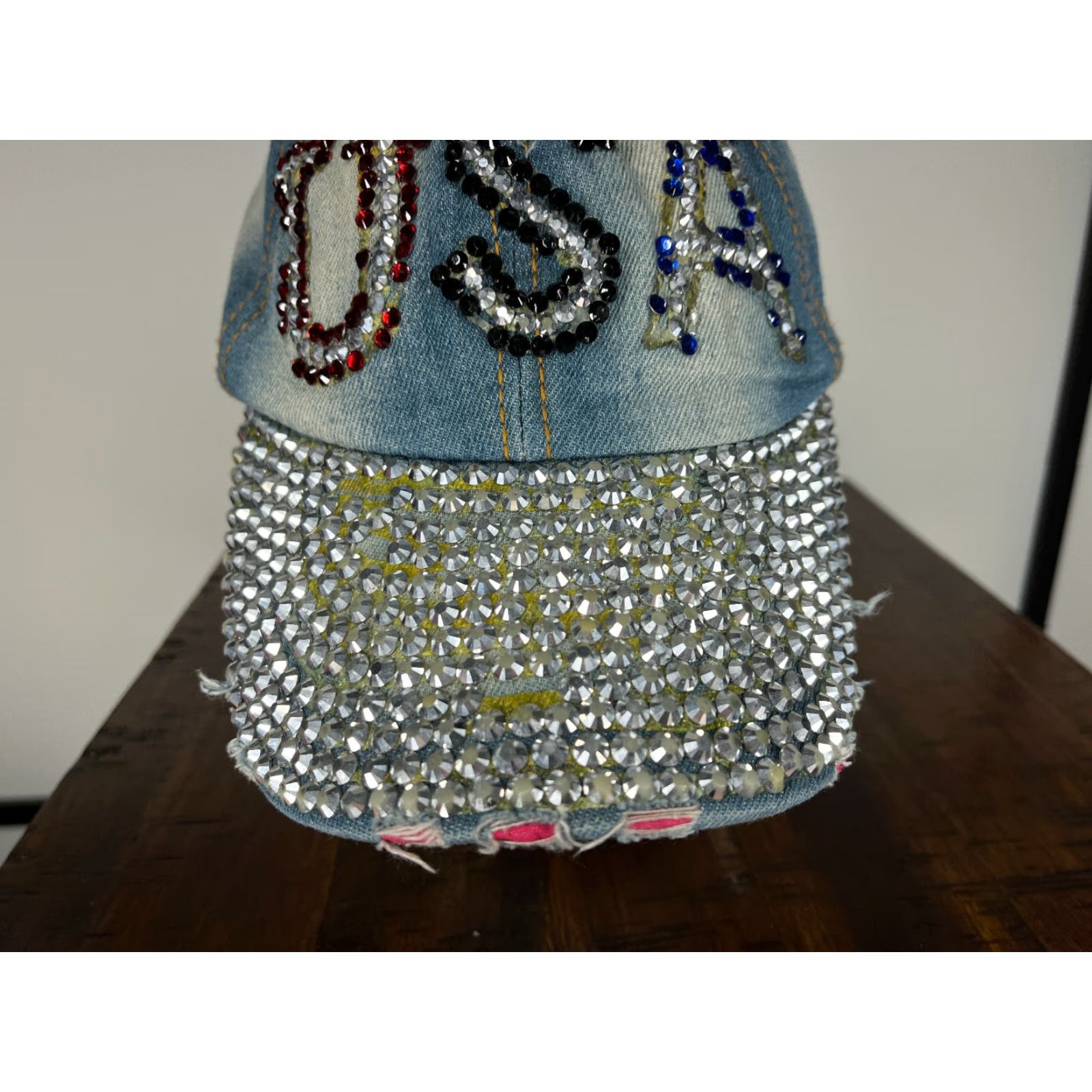 Vintage USA Hat Cap Strap Back Womens One Size Blue Bling Jeweled 100% Cotton Distressed Baseball Cap Size ONE SIZE - 3 Thumbnail