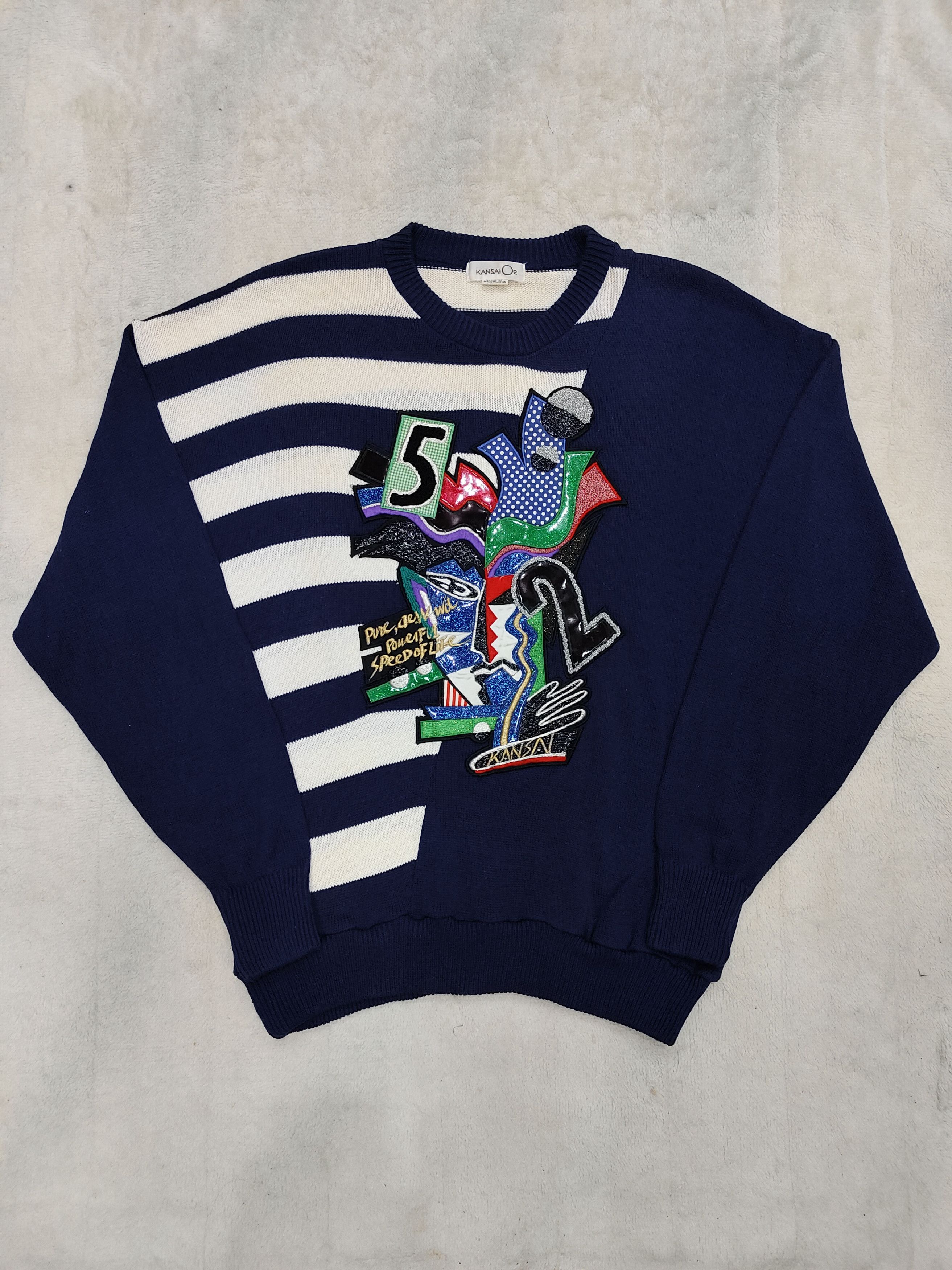 Kansai Yamamoto 80s Kansai O2-Archive Asymmetric Stripe Applique Knit Sweate Size US L / EU 52-54 / 3 - 3 Thumbnail
