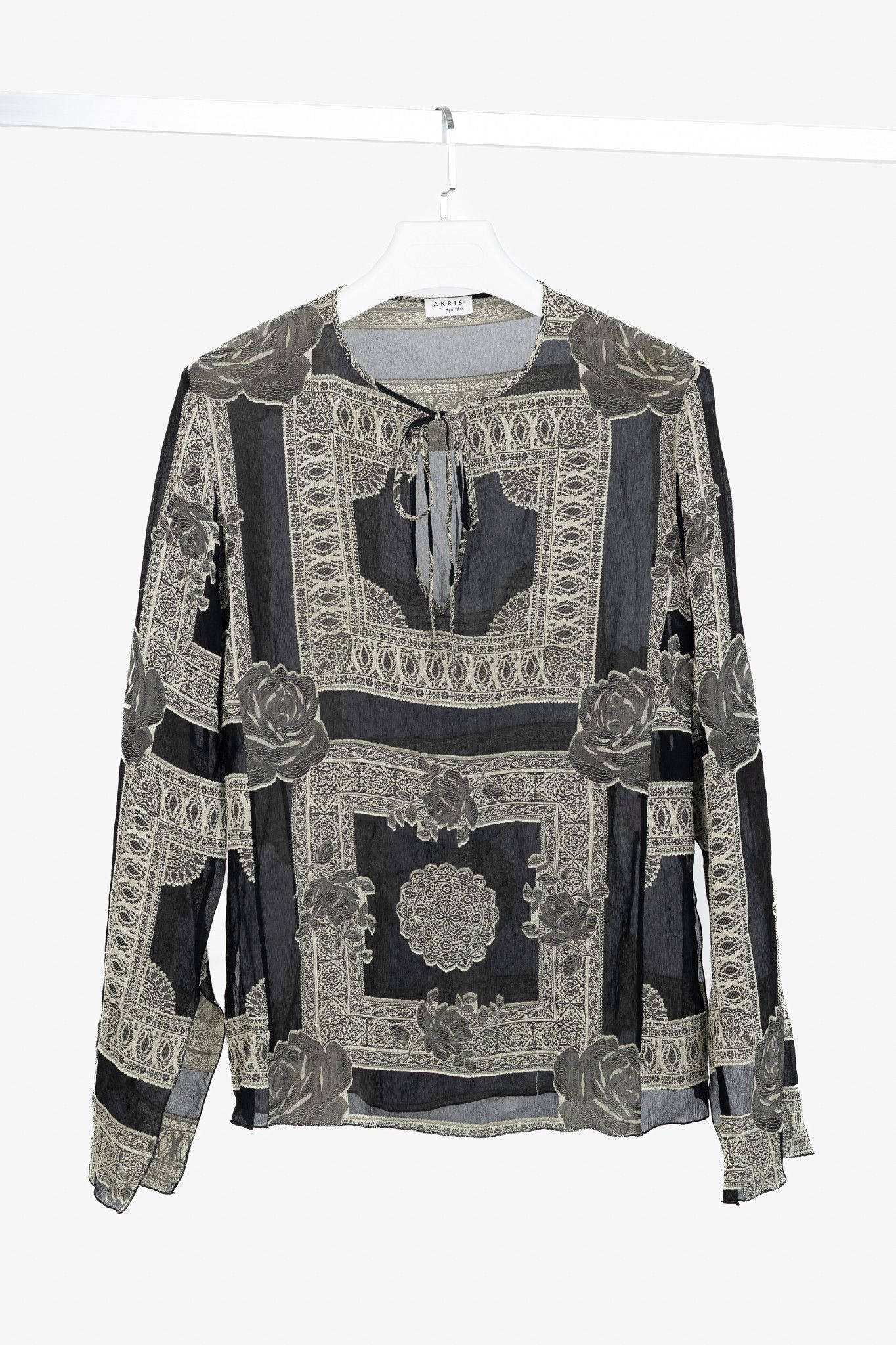 Akris Akris Punto Black Crepe Floral-Paisley Tie-Neck Blouse Size M / US 6-8 / IT 42-44 - 1 Thumbnail