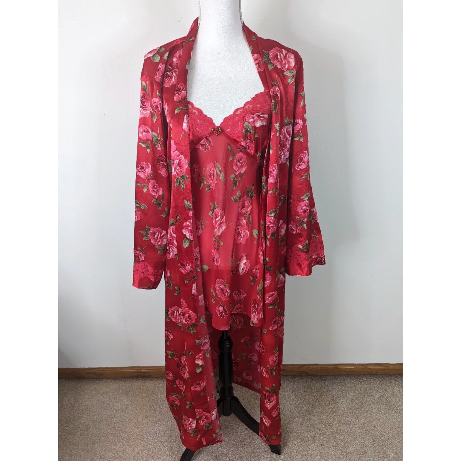 Vintage VINTAGE California Dynasty 2pc SATIN Red GOWN Nightgown Robe SET L Red 1980s Womens Size ONE SIZE - 2 Thumbnail