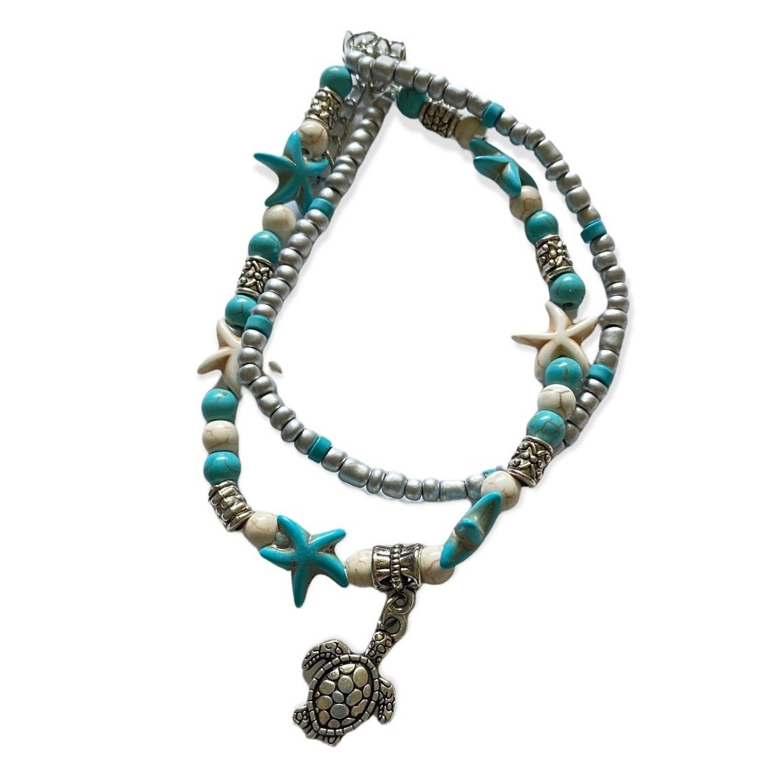 Other Turtle & Starfish Turquoise Silver Double Strand Anklet 11” Size ONE SIZE - 1 Preview