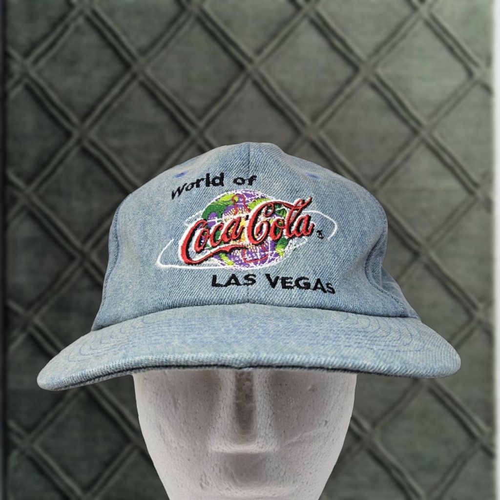 Vintage VINTAGE Coca-Cola Hat Cap Strap Back Denim World of Las Vegas Mens 90s Adjustable One Size Blue Cotton Denim Embroidered Coca-Cola City Mens VINTAGE Size ONE SIZE - 1 Thumbnail