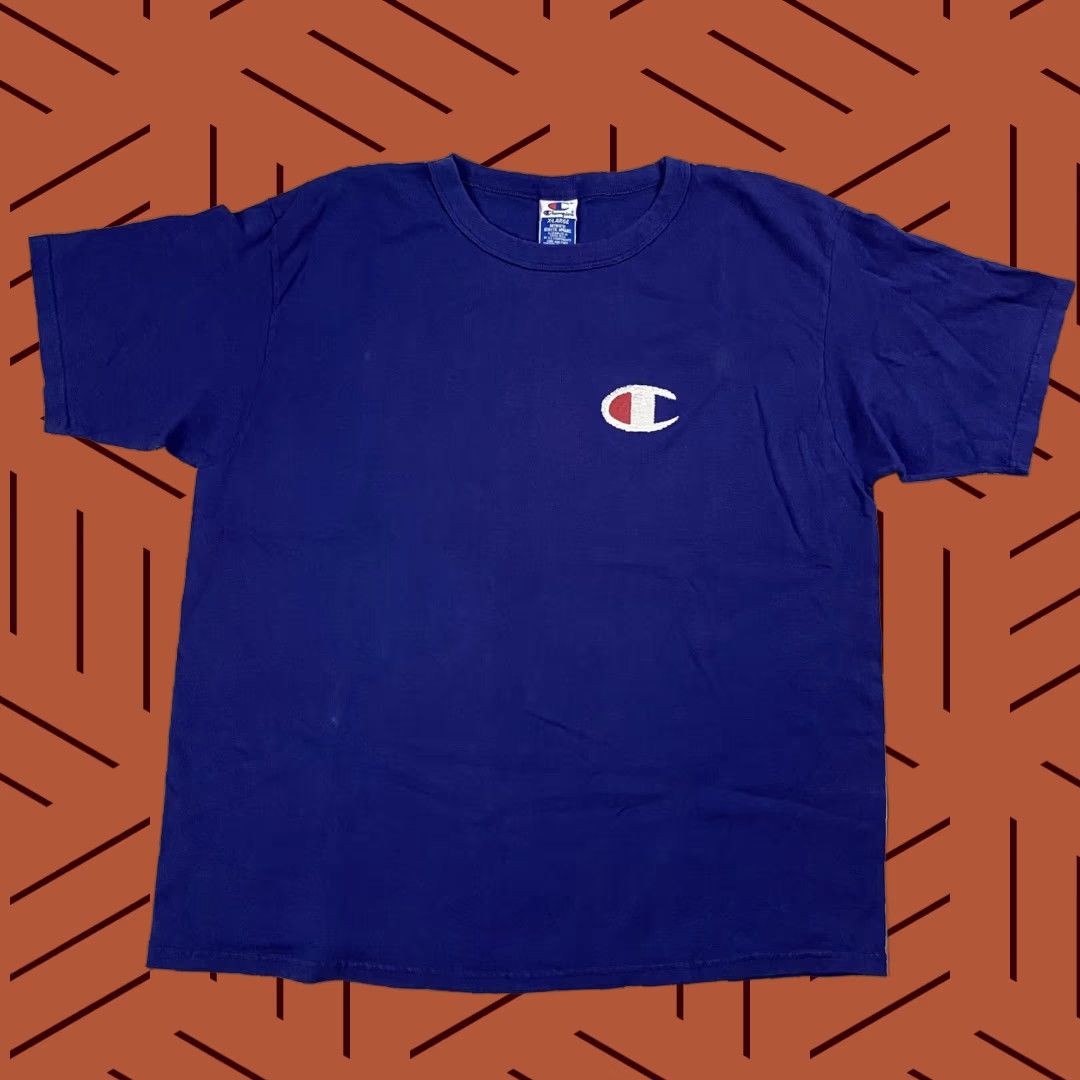VINTAGE Champion Heavyweight Knit Tee Navy Blue XL 1990s 90s Graphic CHAMPION SPORTSWEAR Mens Knit Short Sleeve Crew Neck - 90s Decade Theme