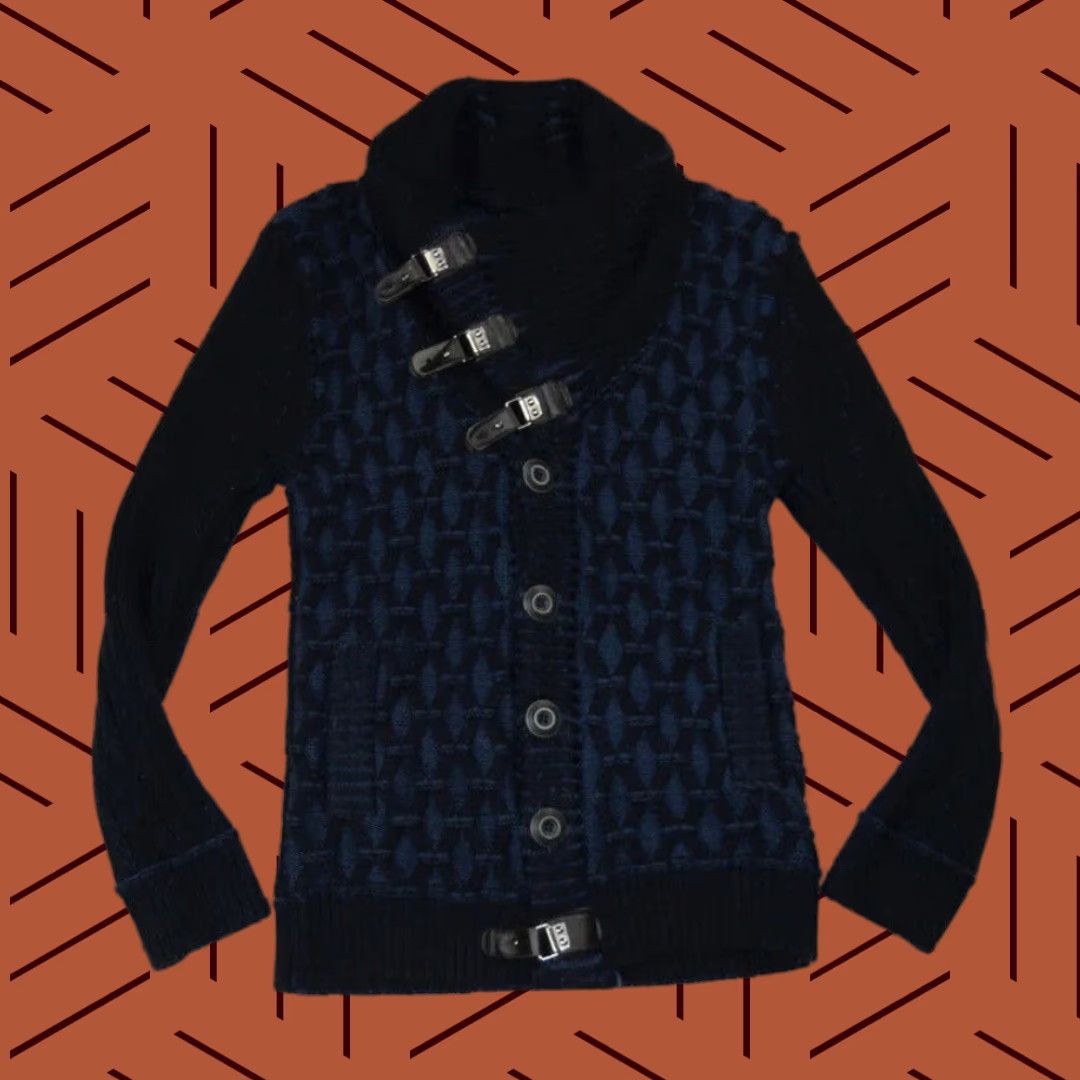 Vintage LCR Luxury Cardigan Sweater XL Navy Blue Chunky Knit Button Buckle Collared Mens Size US XL / EU 56 / 4 - 1 Thumbnail