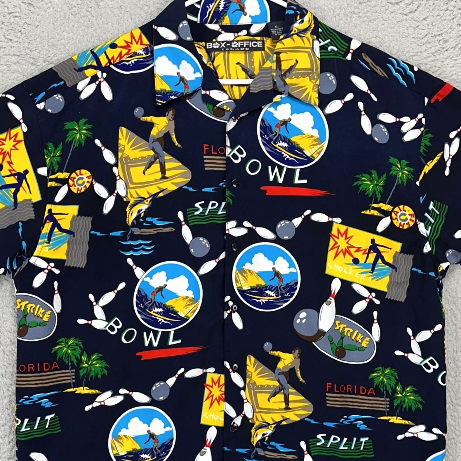 Vintage VINTAGE? Box-Office Men Hawaiian Shirt XL Navy Blue Yellow Bowling Button Up Short Sleeve Size US XL / EU 56 / 4 - 2 Thumbnail