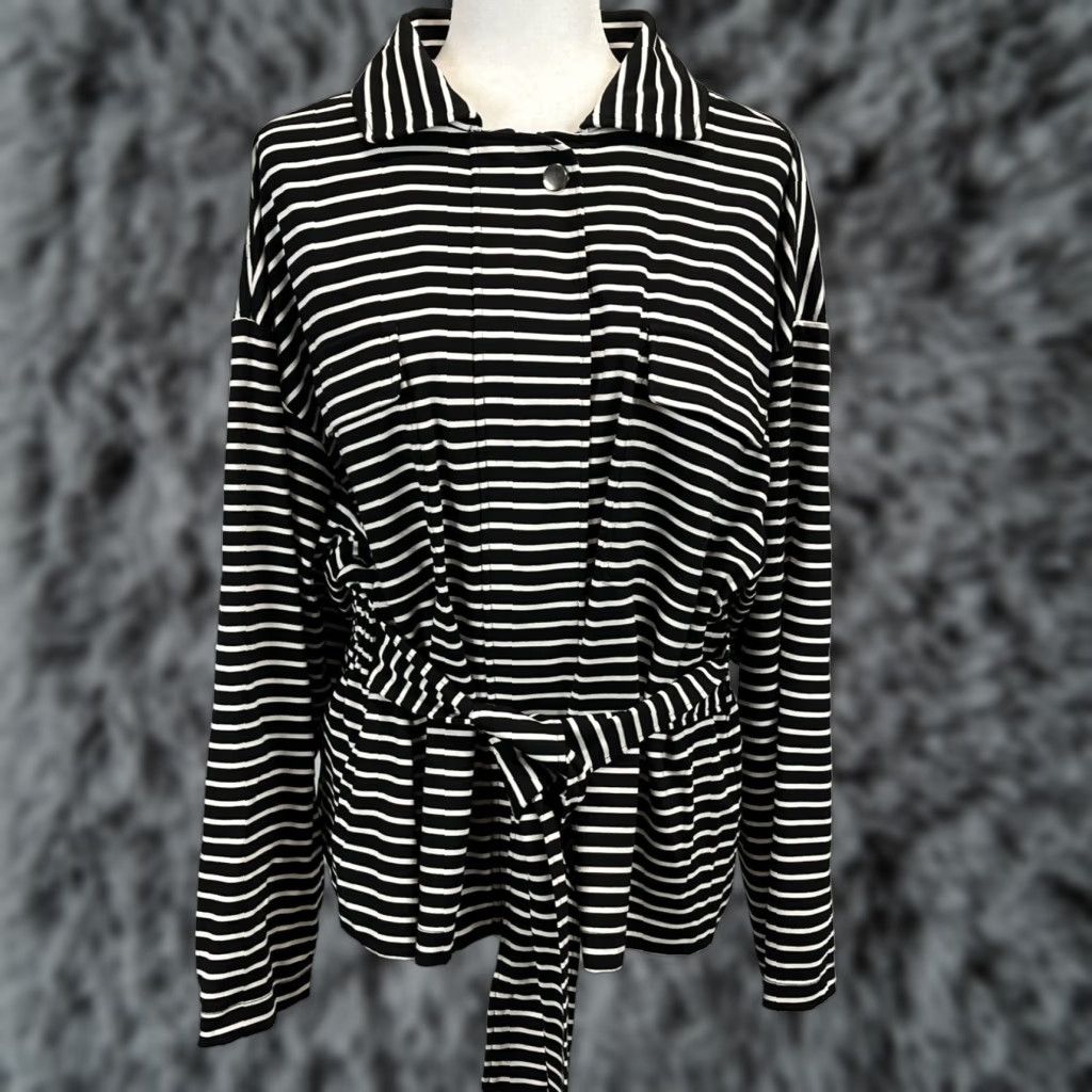 Vintage Chicos Belted Full Zip Jacket Women's XL Black White Striped Cotton Blend Casual Size XL / US 12-14 / IT 48-50 - 1 Thumbnail