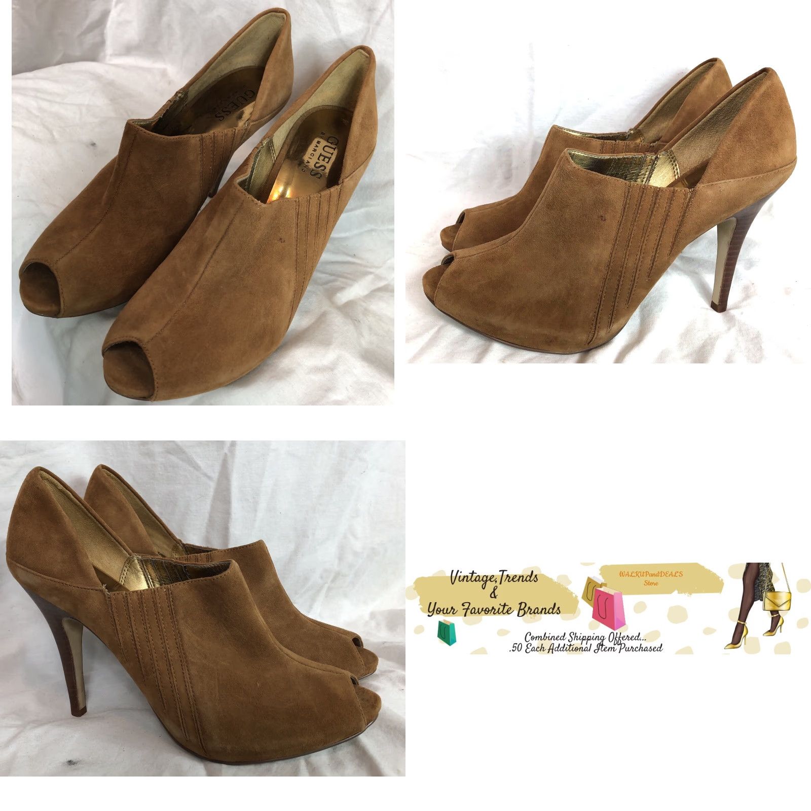 Guess GUESS Peep Toe Pump Womens 8 Camel Brown Suede 4 1/2” Heel Elastic Panels Pump Stiletto Shoes Size US 8 / IT 38 - 8 Thumbnail